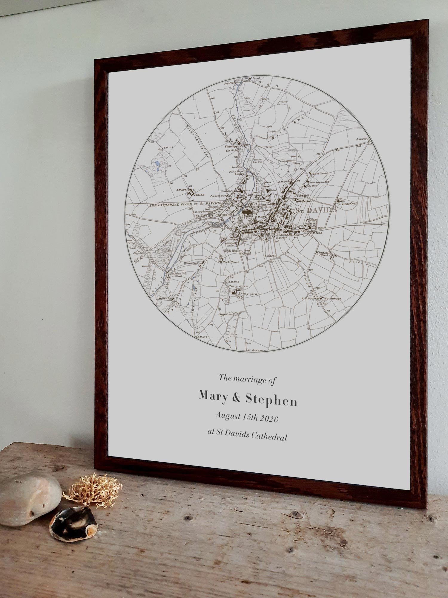 A custom map created for a couple married at St Davids Cathedral in Pembrokeshire.