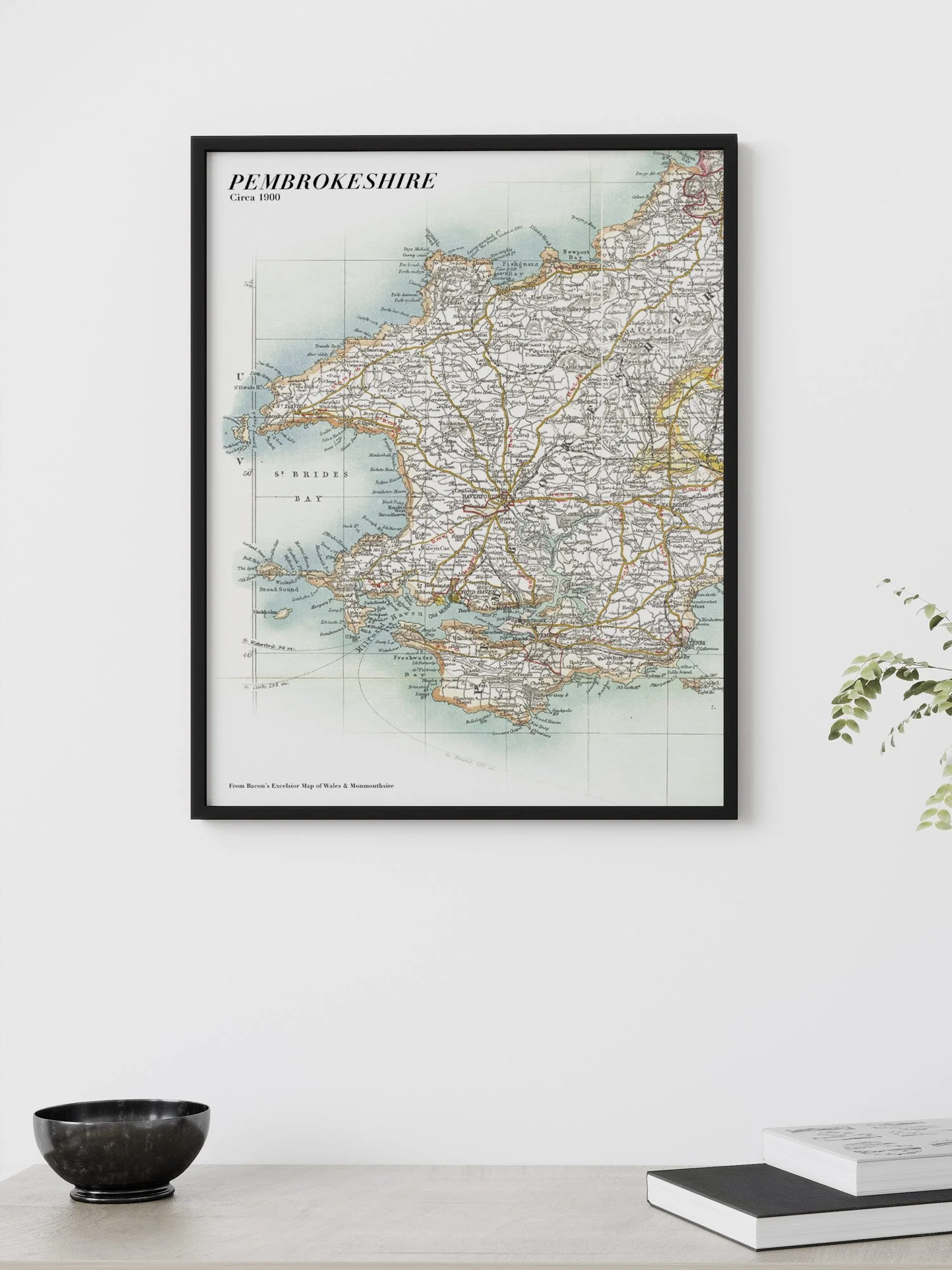 Pembrokeshire Map print created from a c1900s Bacons Excelsior Map of Wales shown framed.jpg