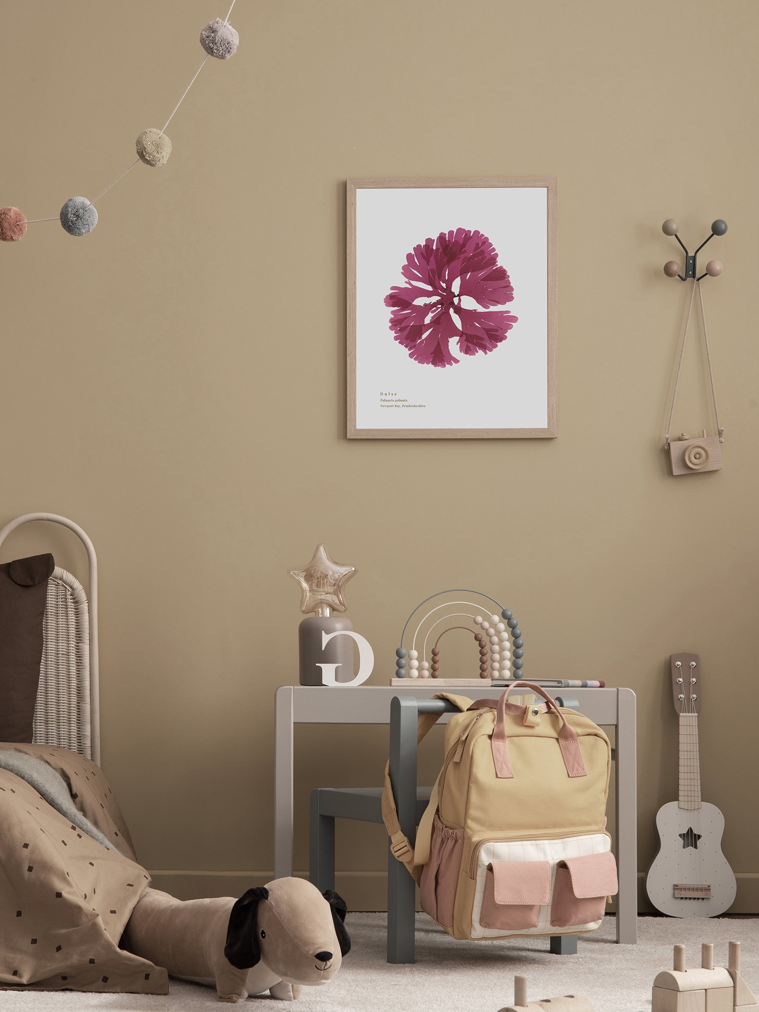 Dulse seaweed print shown framed in a childrens room setting.