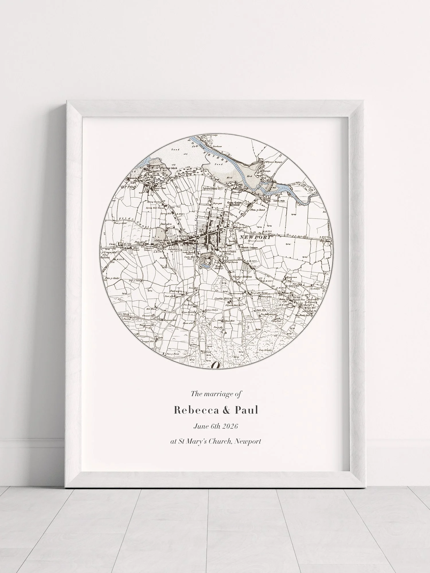 A custom map created for a couple married at St Mary's Church in Newport Pembrokeshire.
