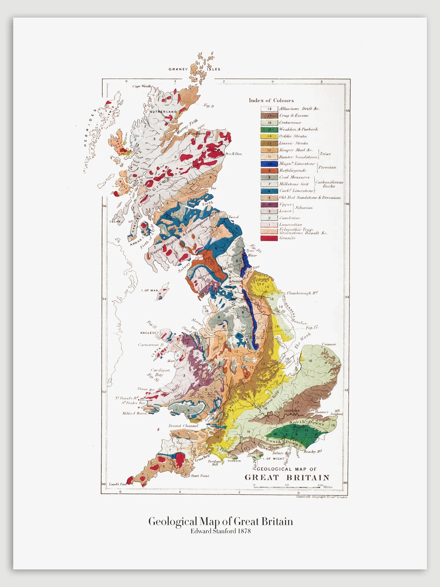 1878 Geological Map of Great Britain by Edward Stanford