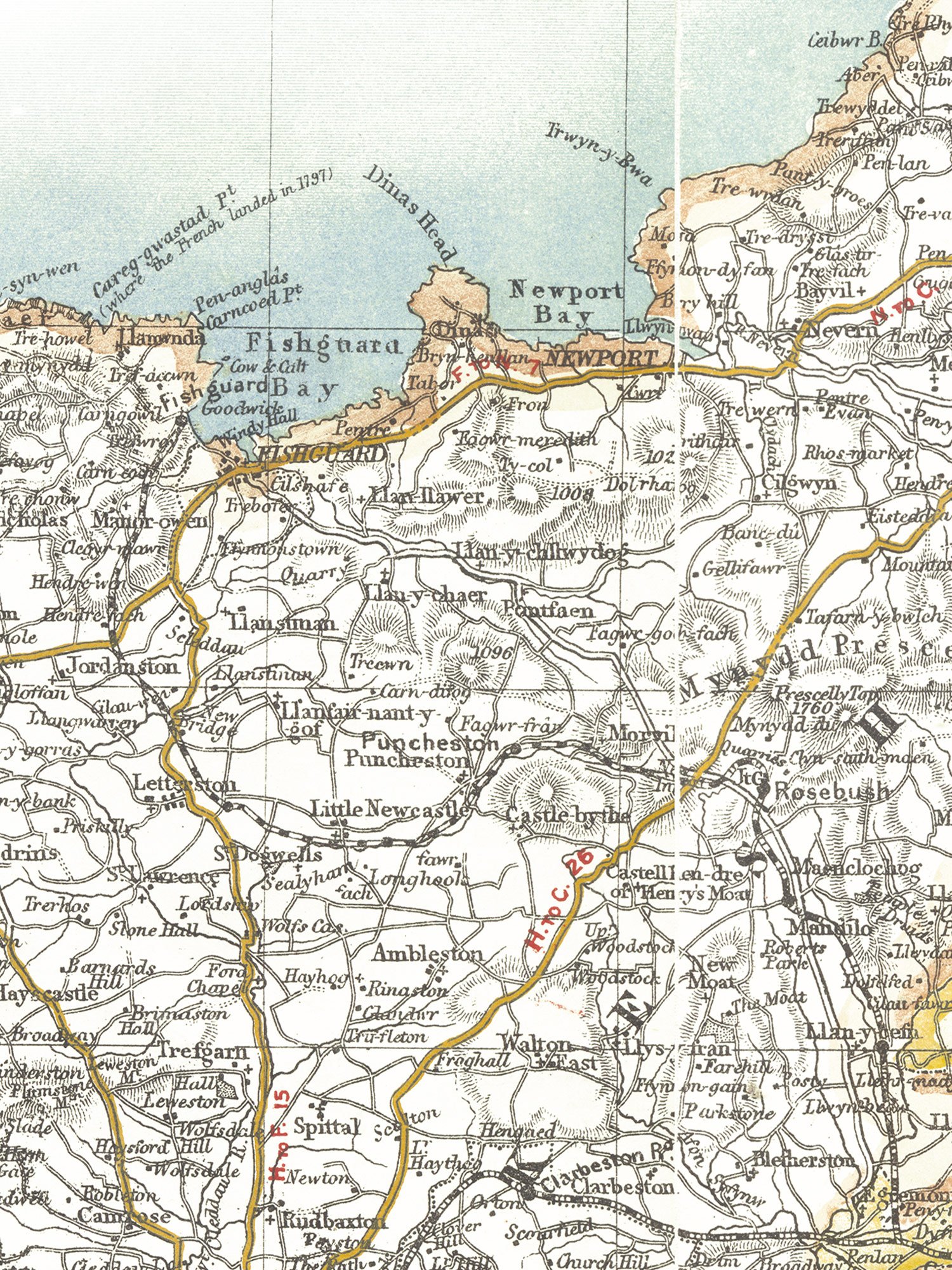 Crop showing detail of the Pembrokeshire section of Bacon's Excelsior Map of Wales and Monmouthshire