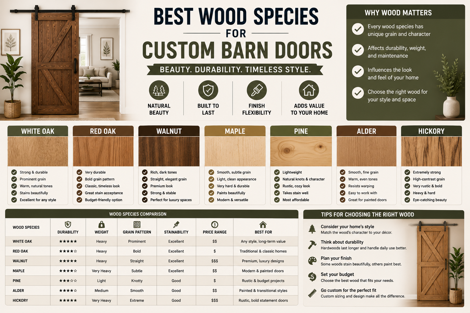 Best Wood Species for Custom Barn Doors: Oak, Walnut, Pine &amp; More