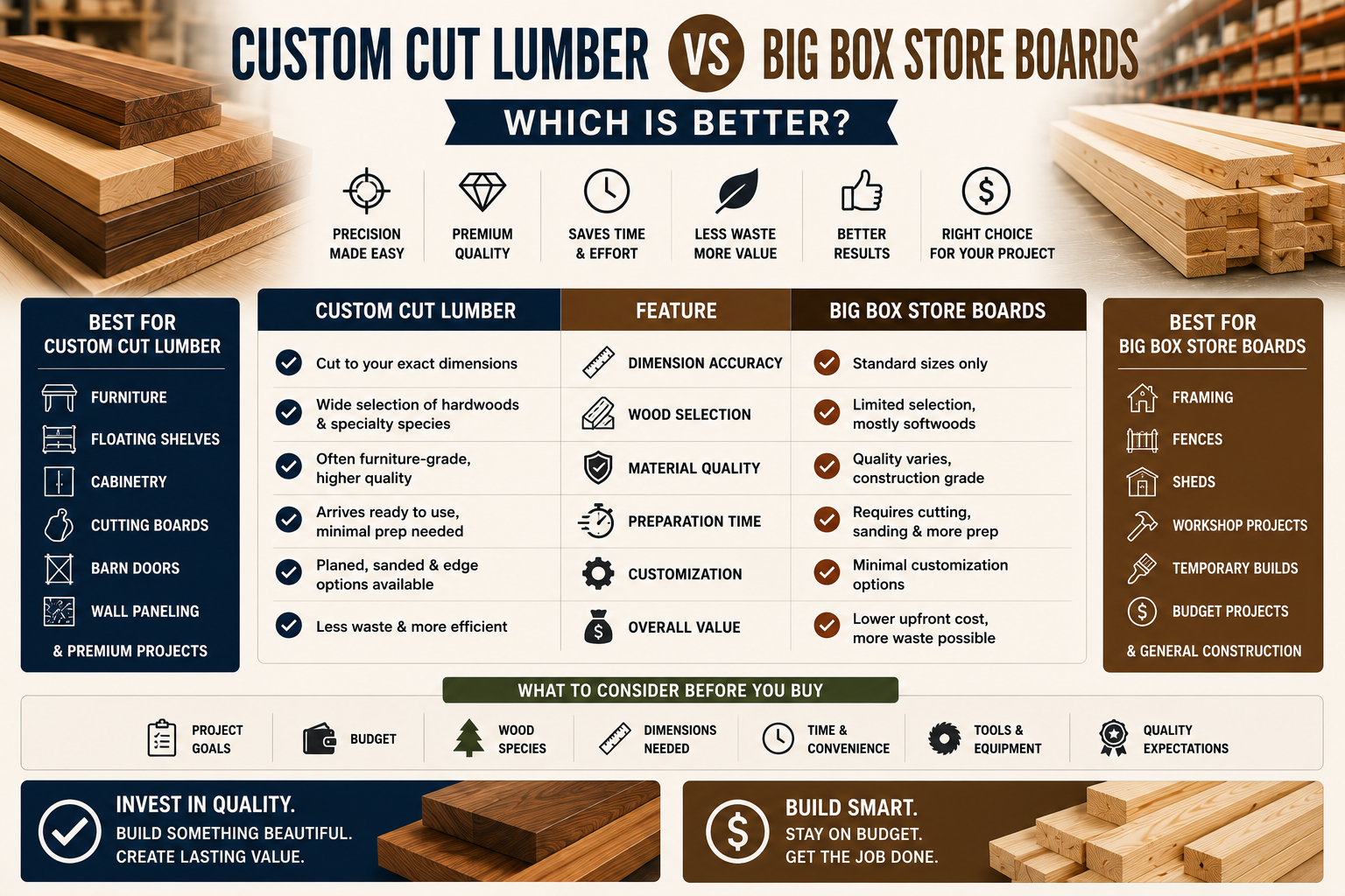 Custom Cut Lumber vs Big Box Store Boards: Which Is Better?