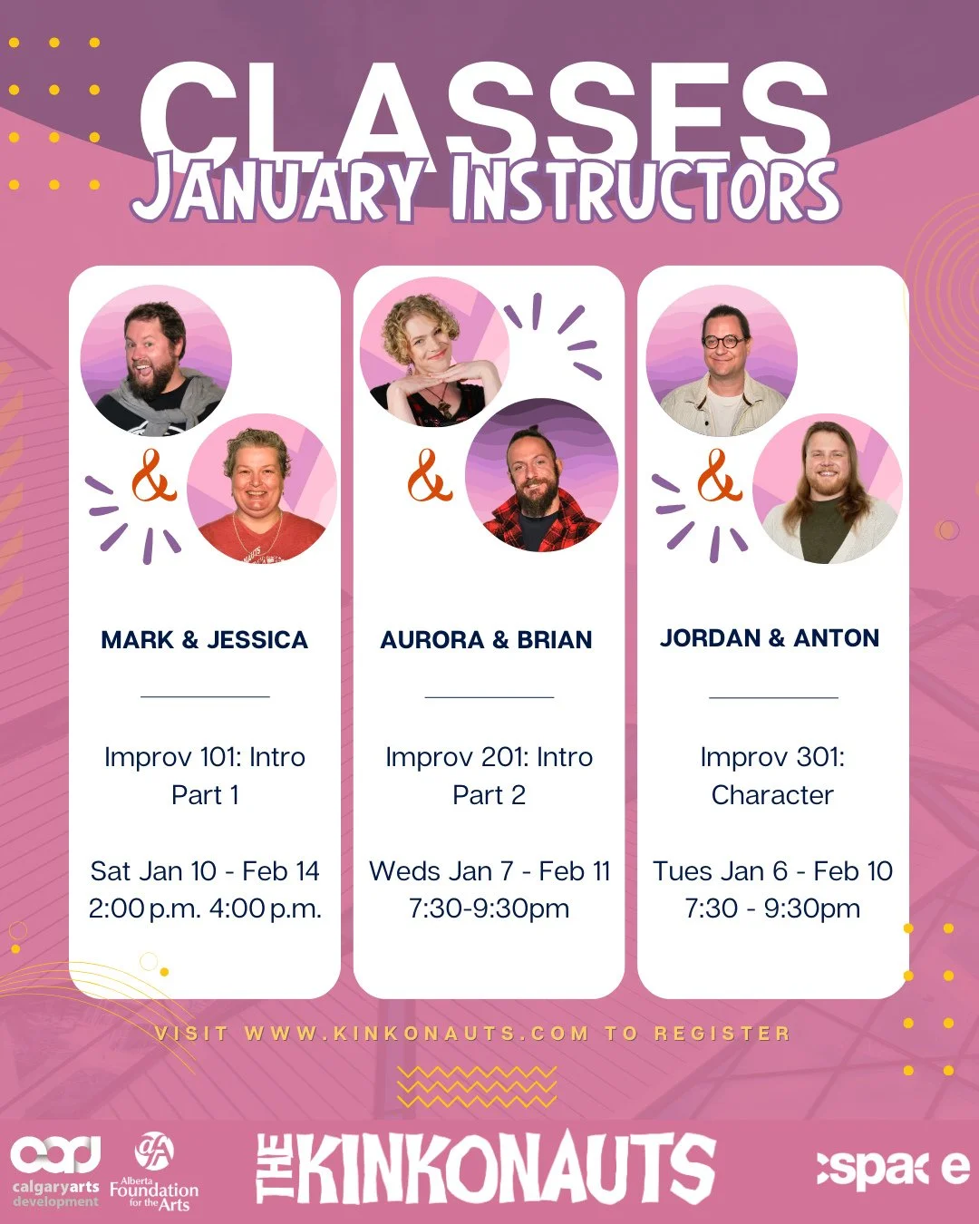 January Improv Classes are here &mdash; and registration is OPEN! 

Meet your January instructors and get ready to laugh, learn, and level up your improv in the new year with The Kinkonauts. Whether you&rsquo;re brand new or ready to dive deeper, the