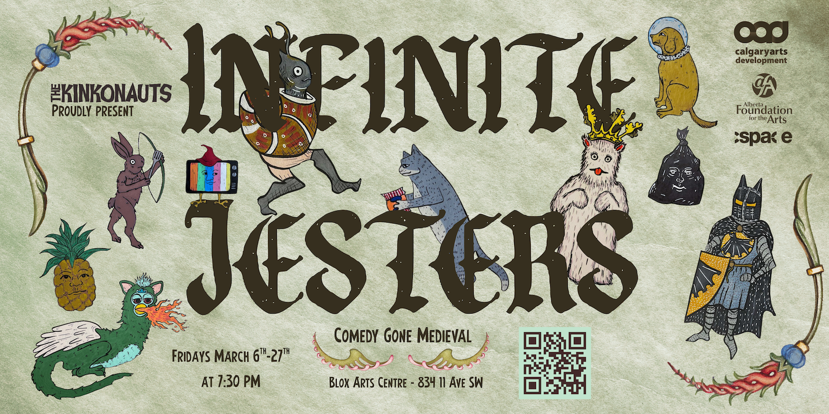 A banner that says "Infinite Jesters: Comedy Gone Medieval" with vaguely-medieval images like a dragon, a knight, a rabbit with a bow. Also a pineapple with a face, a garbage bag with a face, a TV with a face...it's improv, we're goofy.