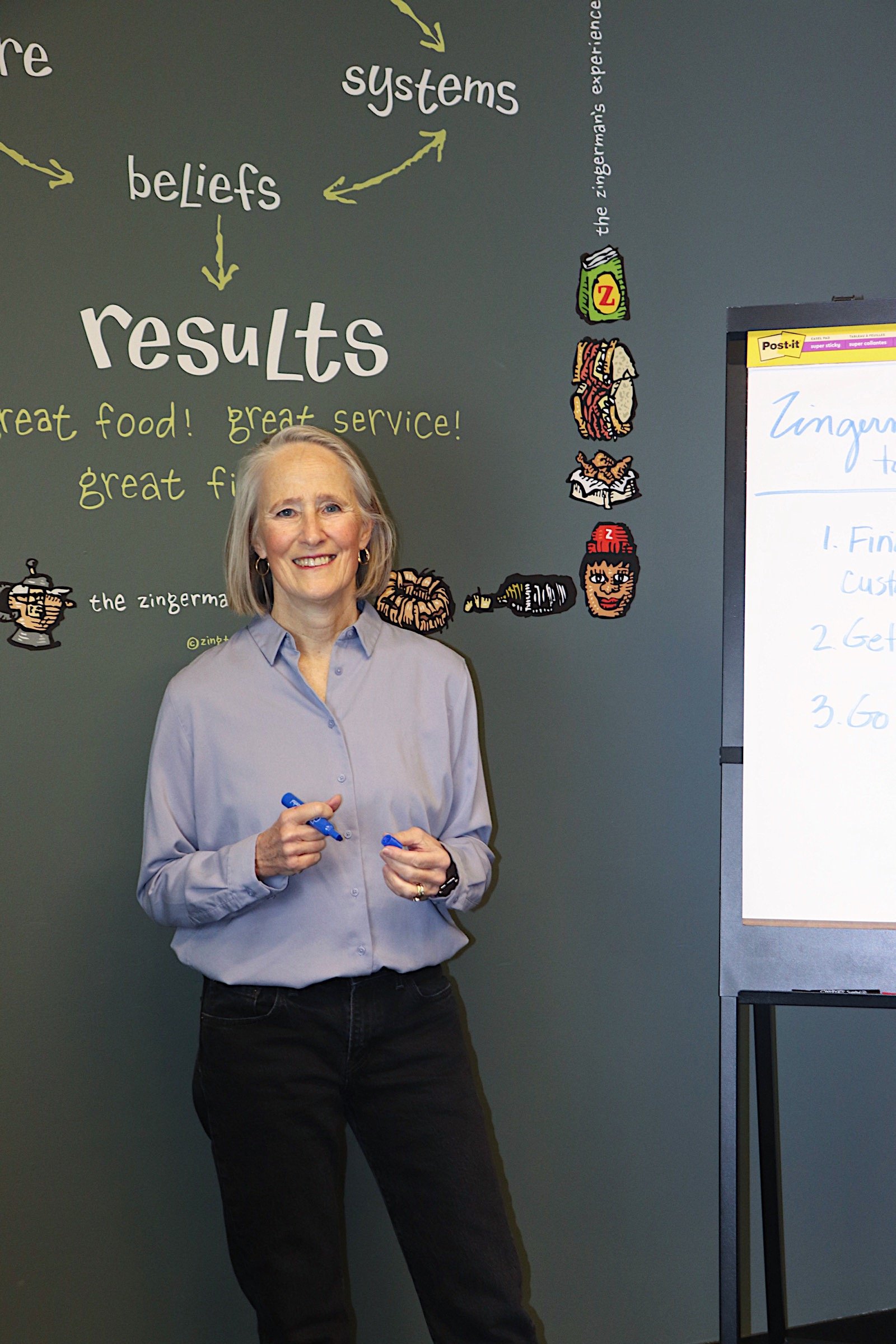 A woman standing in front of a dark green wall with writing and illustrations about results, systems, beliefs, and food. She is holding a blue marker, smiling, and wearing a light blue button-up shirt and black pants. There is a whiteboard on a stand next to her with handwritten notes.