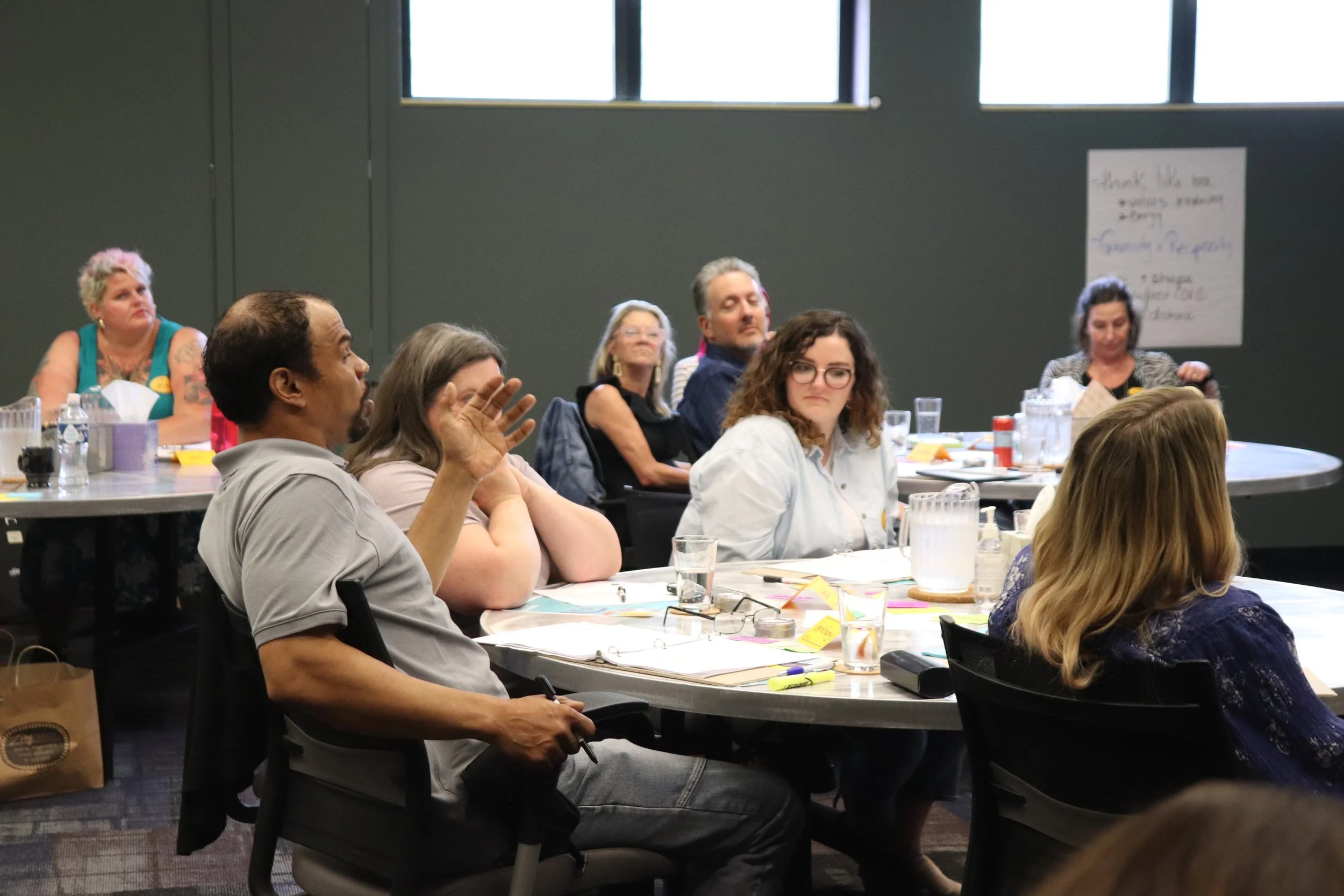 A group of people sitting around round tables in a conference room, engaged in discussion. Some are taking notes, others are listening, and one person is raising his hand. The room has dark walls and windows near the ceiling.