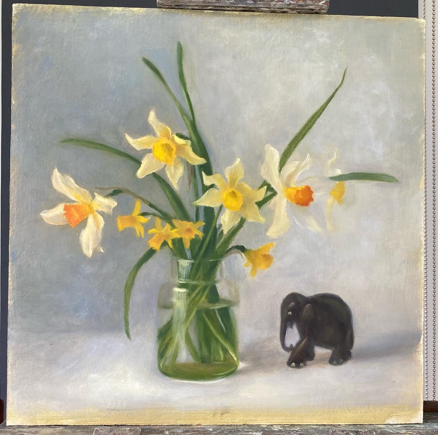 Narcissi and little ebony elephant - why? Why not!  Oil on board.