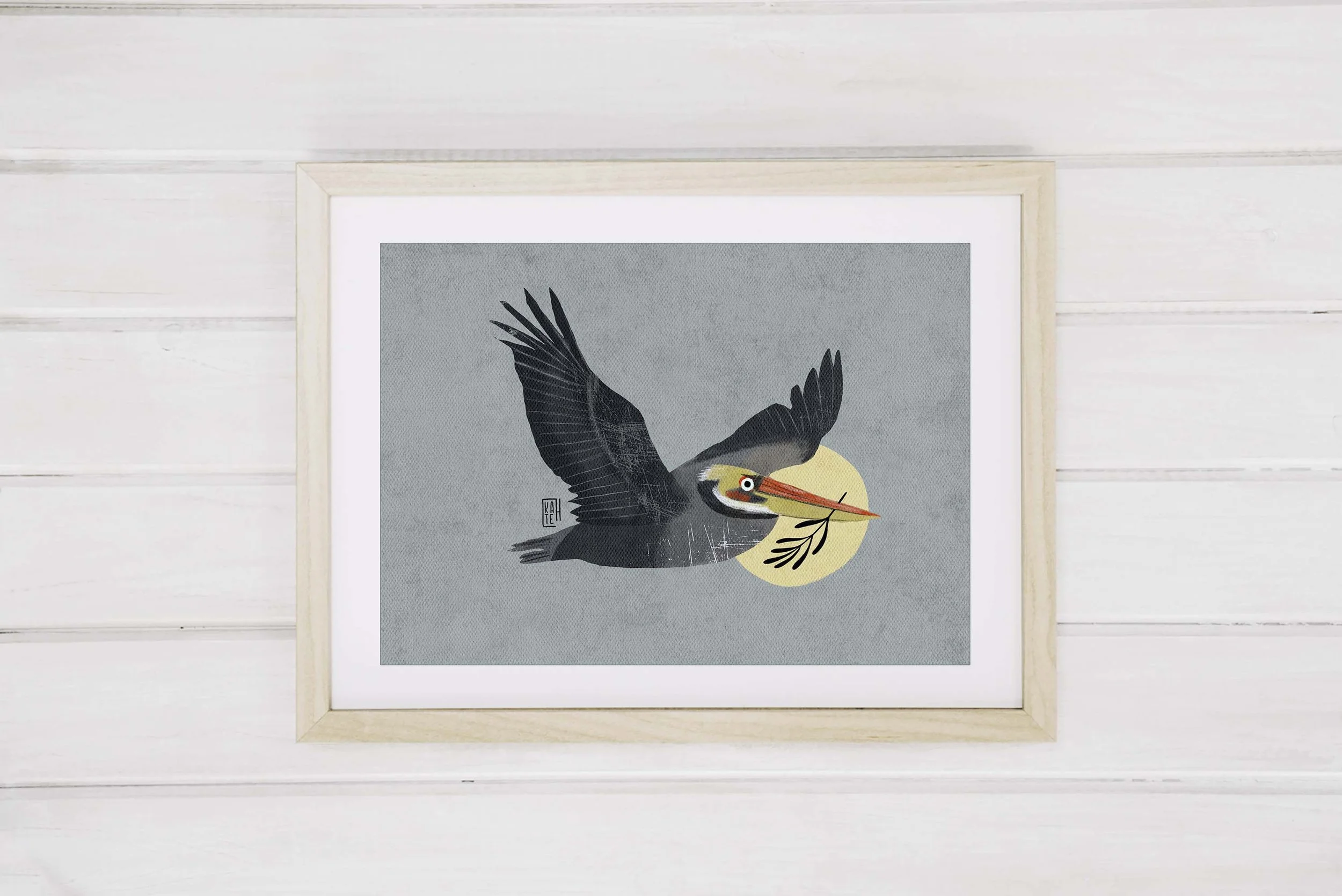 Brown Pelican Art Print, Cute Blue Bird Art Print, Colorful Bird Art Print, Pelican Illustration Print, Pelican Art Wall Decor. AP-120