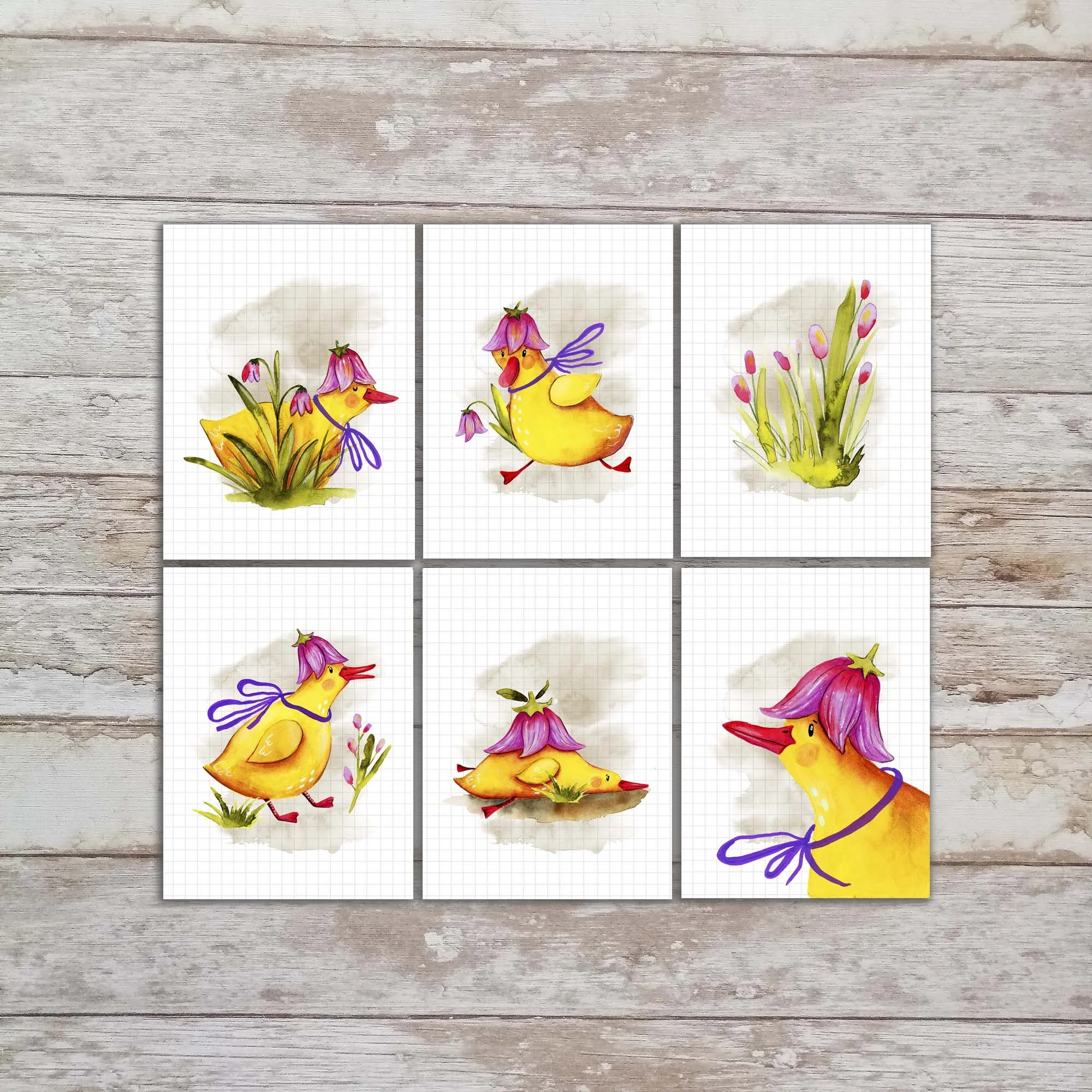 Tipin Art Card Set of 6, Spring Duckies 3x4 Card Prints For Journalinging, Journaling Mini Art Cards, Bird Art Tipins. TI-115