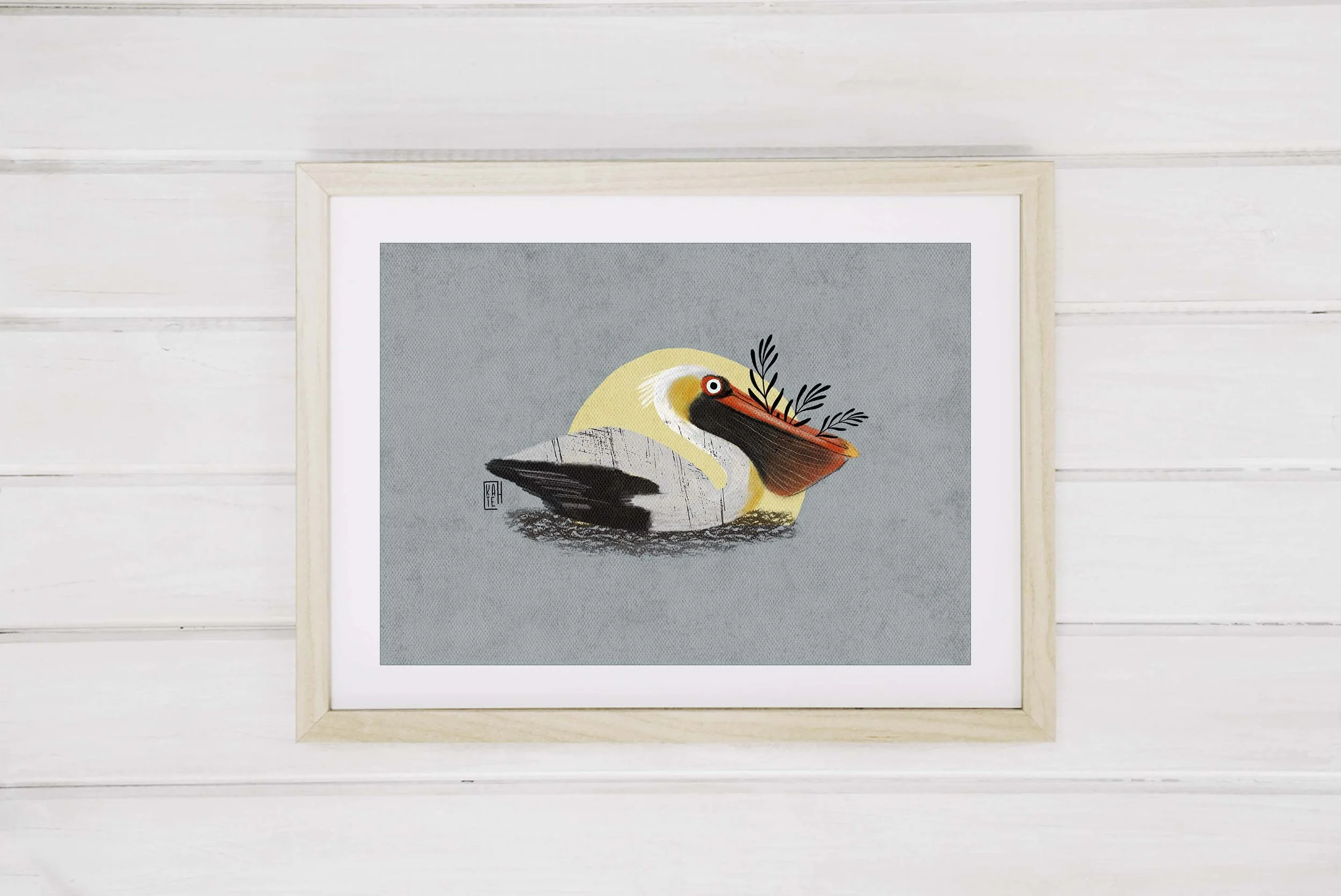 Brown Pelican Art Print, Cute Blue Bird Art Print, Colorful Bird Art Print, Pelican Illustration Print, Pelican Art Wall Decor. AP-120