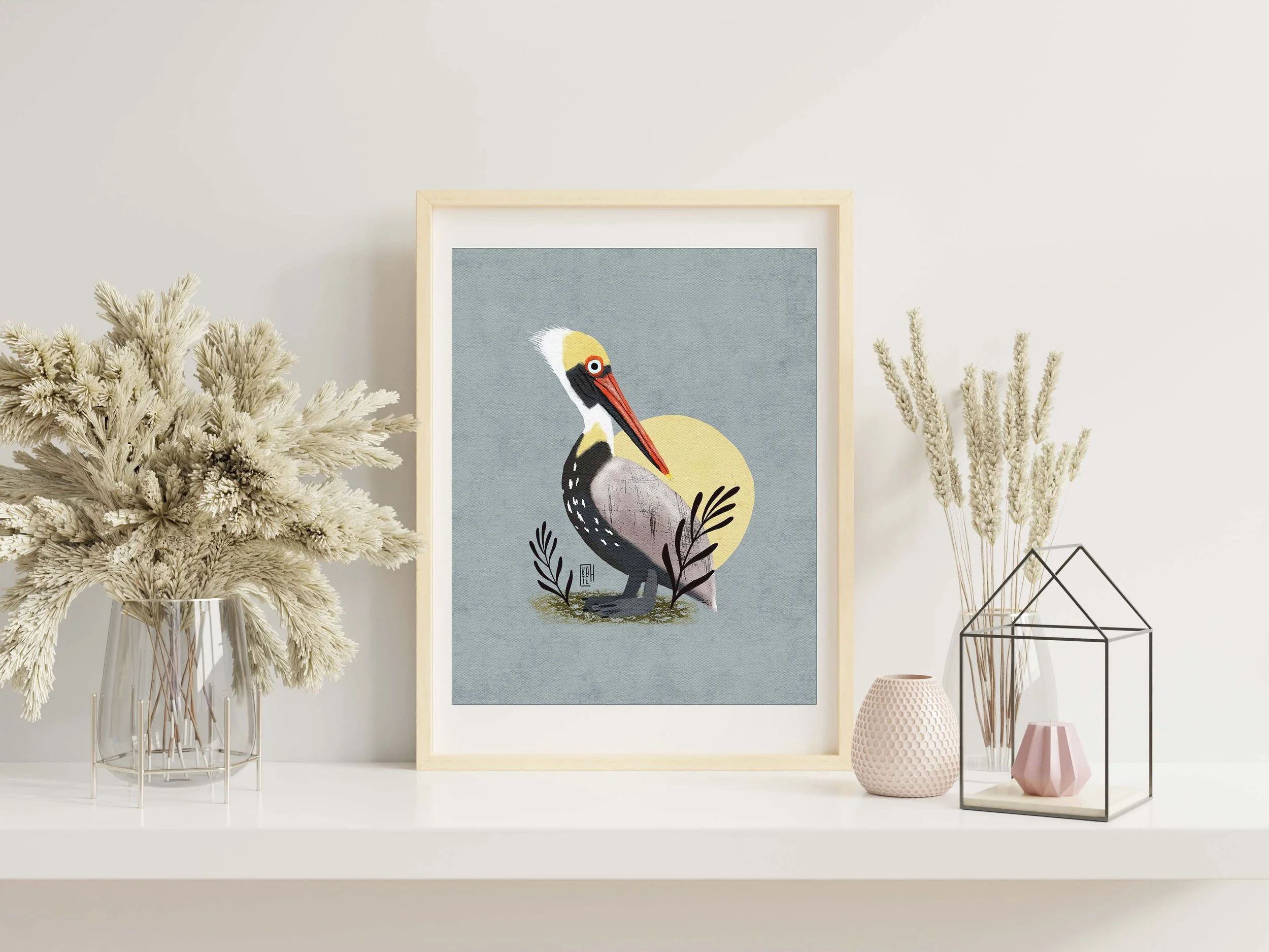 Brown Pelican Art Print, Cute Blue Bird Art Print, Colorful Bird Art Print, Pelican Illustration Print, Pelican Art Wall Decor. AP-120