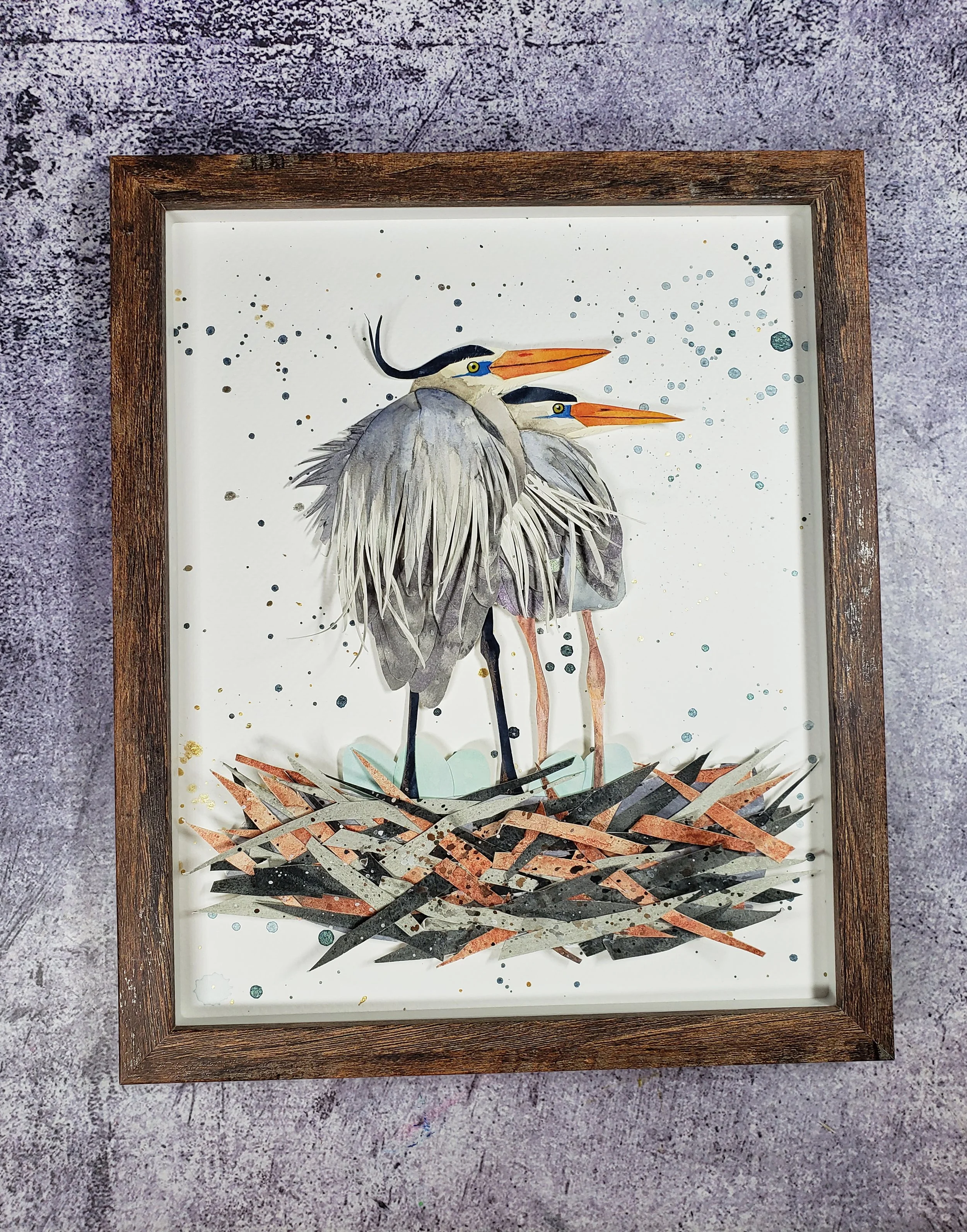 Original Great Blue Heron bird Paper Art, Framed Shorebird Art, Brown Bird paper Collage, Framed Bird Art Wall Decor. OA-105