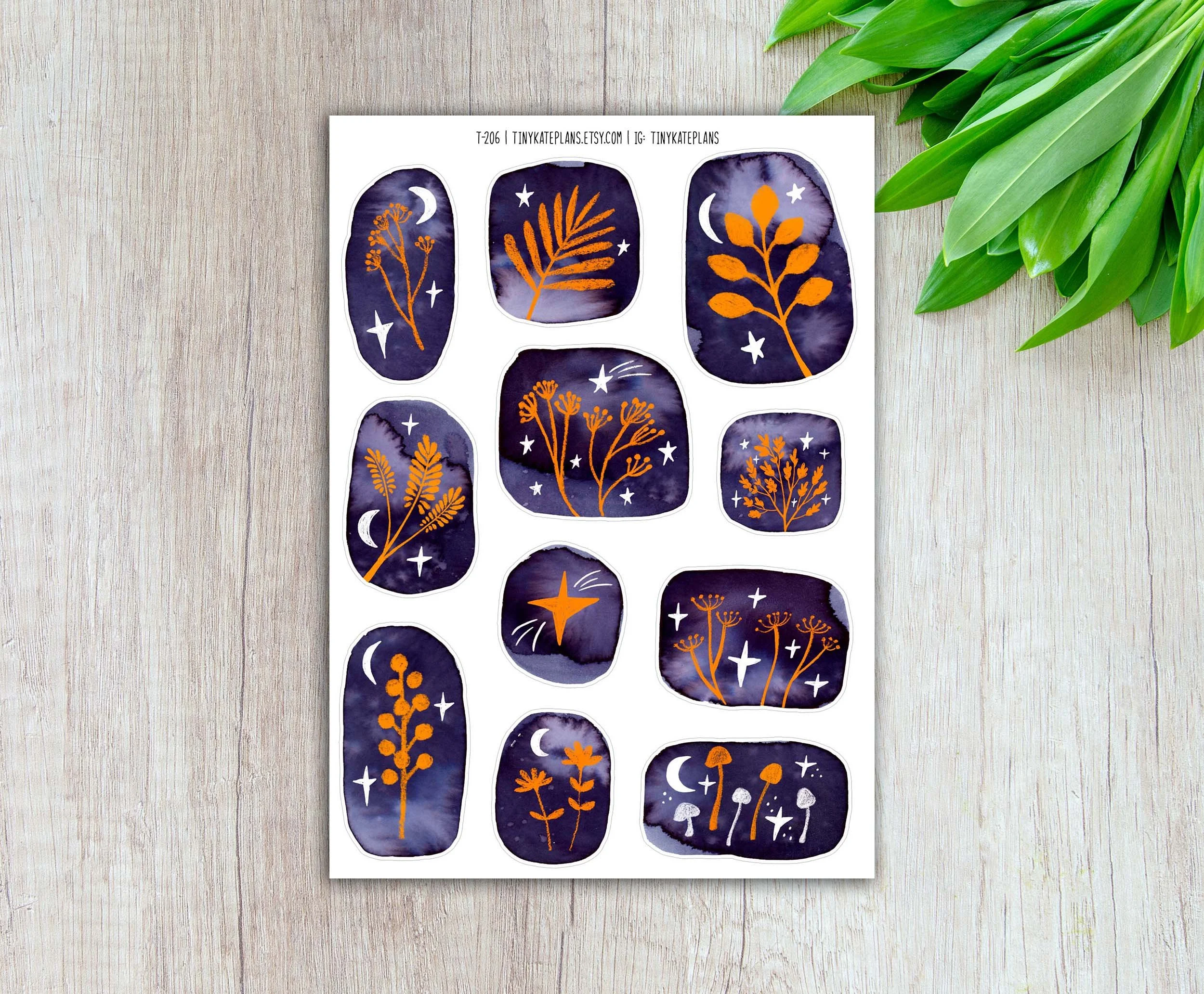 Blue & Orange Ink Blob Floral Planner Stickers, Fall r Planner Stickers, Mushroom Stickers. T-206