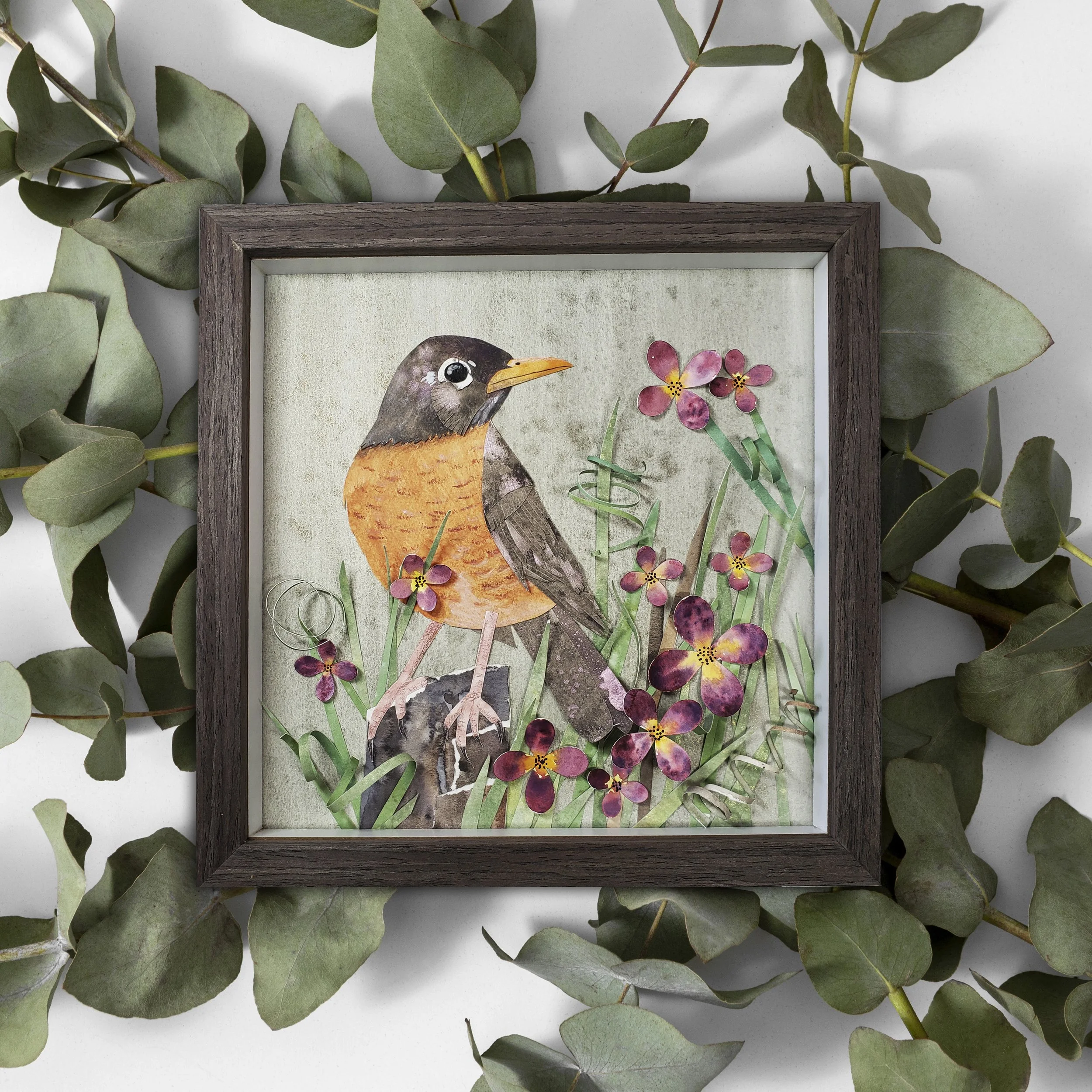 Original Framed American Robin Paper Art, Framed American Robin Art, American Robin Bird paper Collage, Framed Bird Art Wall Decor. OA-101