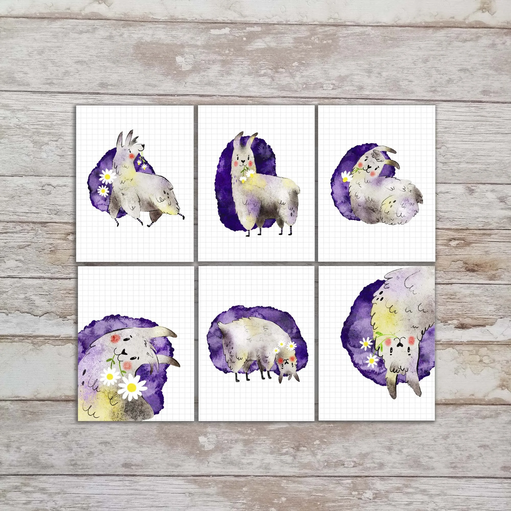 Tipin Art Card Set of 6, Llama 3x4 Card Prints For Journalinging, Journaling Mini Art Cards, Animal Art Tipins. TI-113