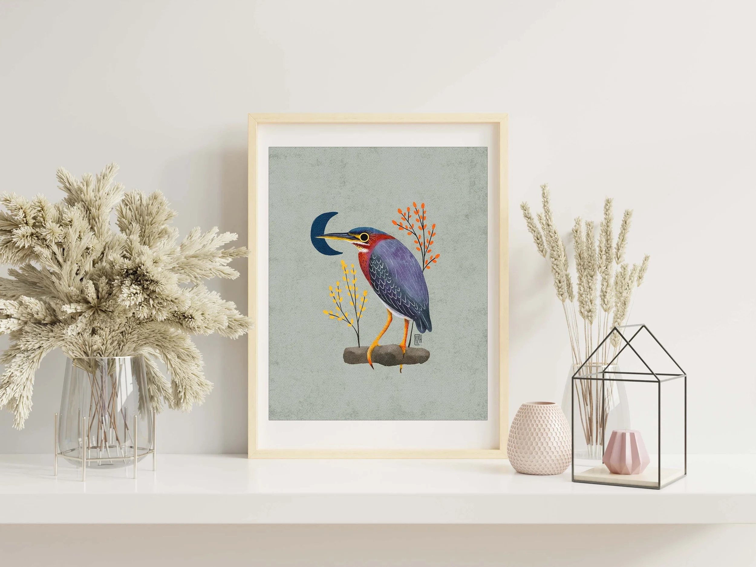 Green Heron Art Print, Cute Green Bird Art Print, Colorful Bird Art Print, Heron Illustration Print, Heron Art Wall Decor. AP-140 (Copy)