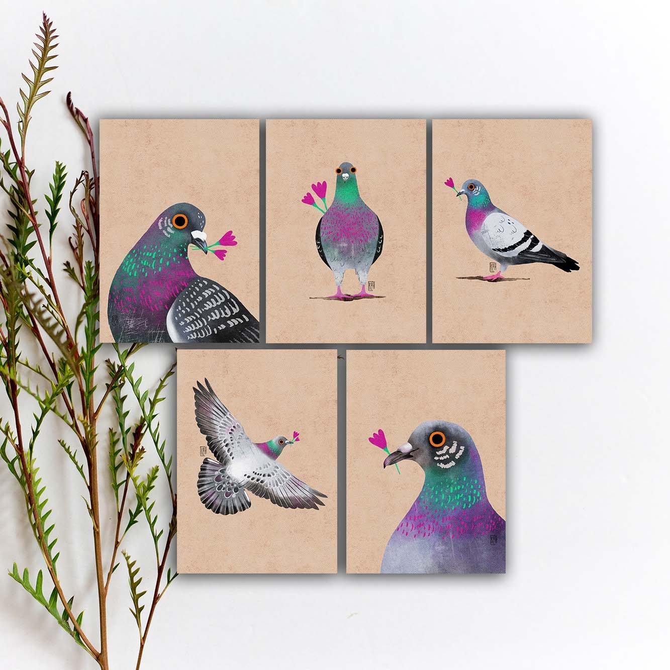 Rock Pigeon Postcard Set, Colorful Bird Postcard, Watercolor Bird Penpal Postcard, Purple Bird Stickers, Rock Pigeon Art Print. SBC-144