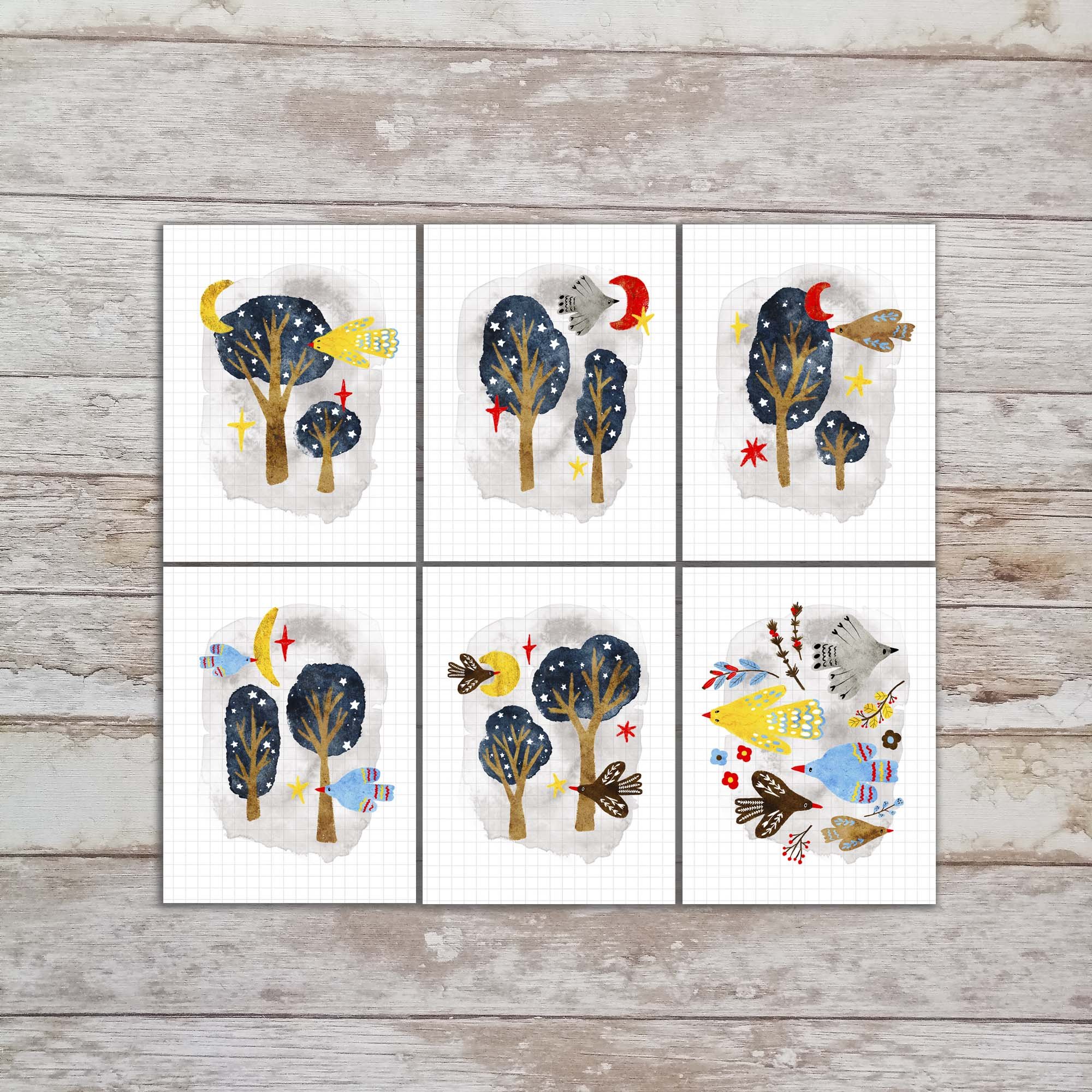 Tipin Art Card Set of 6, Flying Birds 3x4 Card Prints For Journalinging, Winter Bird Art Tipins. TI-122