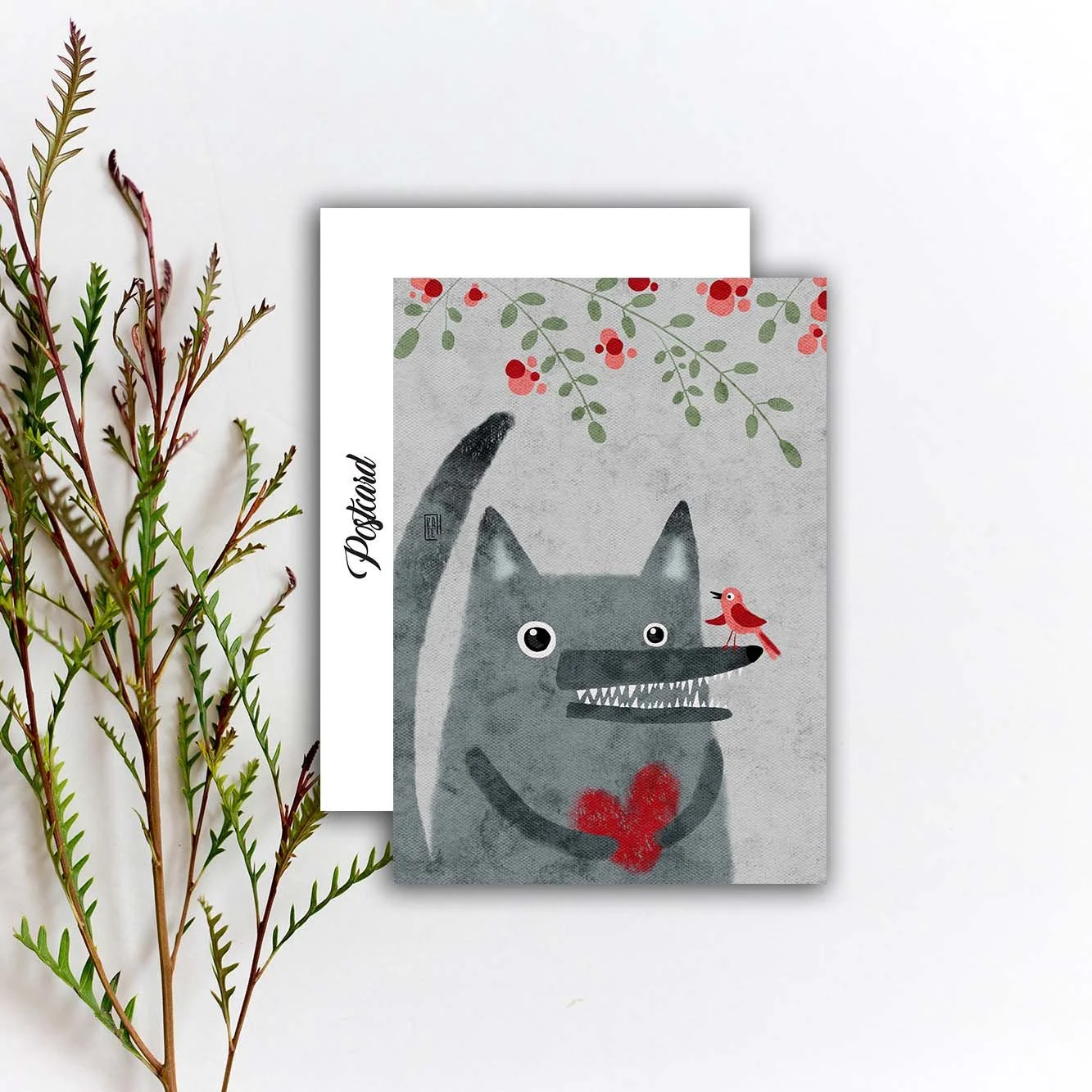 Wolf Love Postcard, Valentine's Day Postcrossing Postcard Print, Bird Penpal Postcard. AC-231