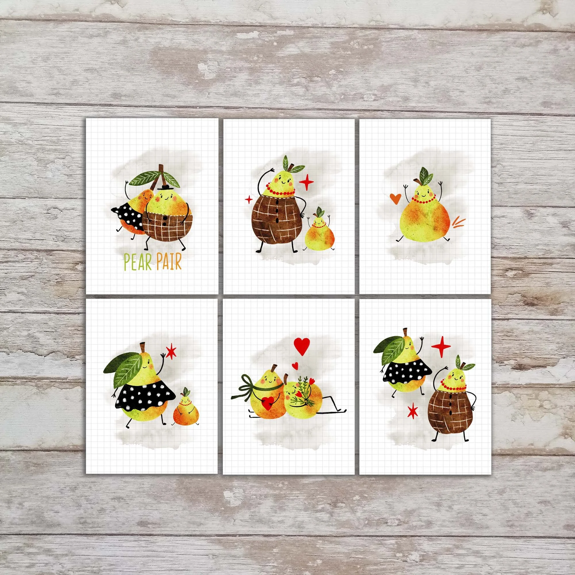 Tipin Art Card Set of 6, Pear Pairs 3x4 Card Prints For Journalinging, Funny Pear Art Tipins. TI-119