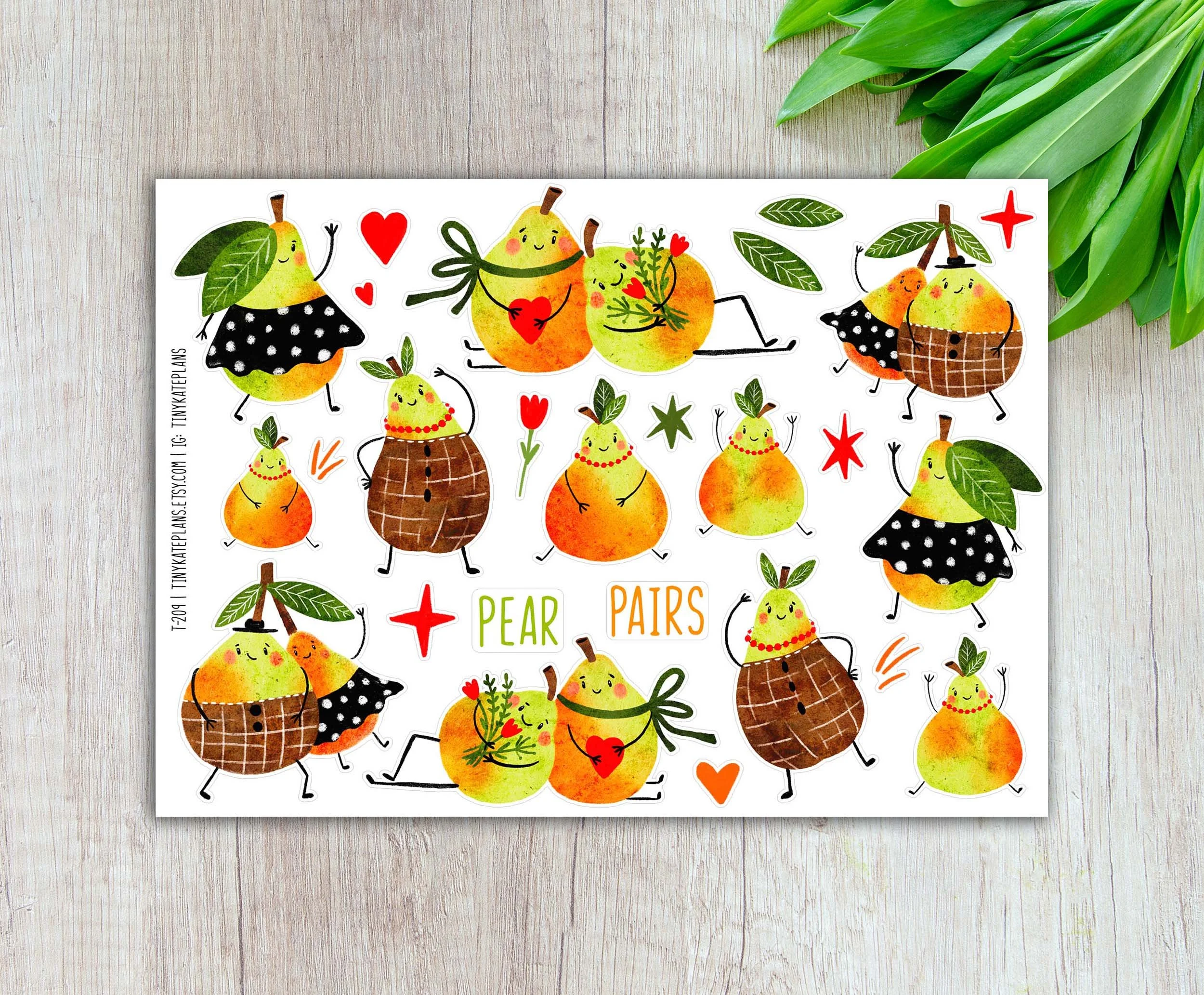 Pear Pairs Planner Stickers, Fall Fruit Character Art Stickers, Funny Pear Stickers. T-209