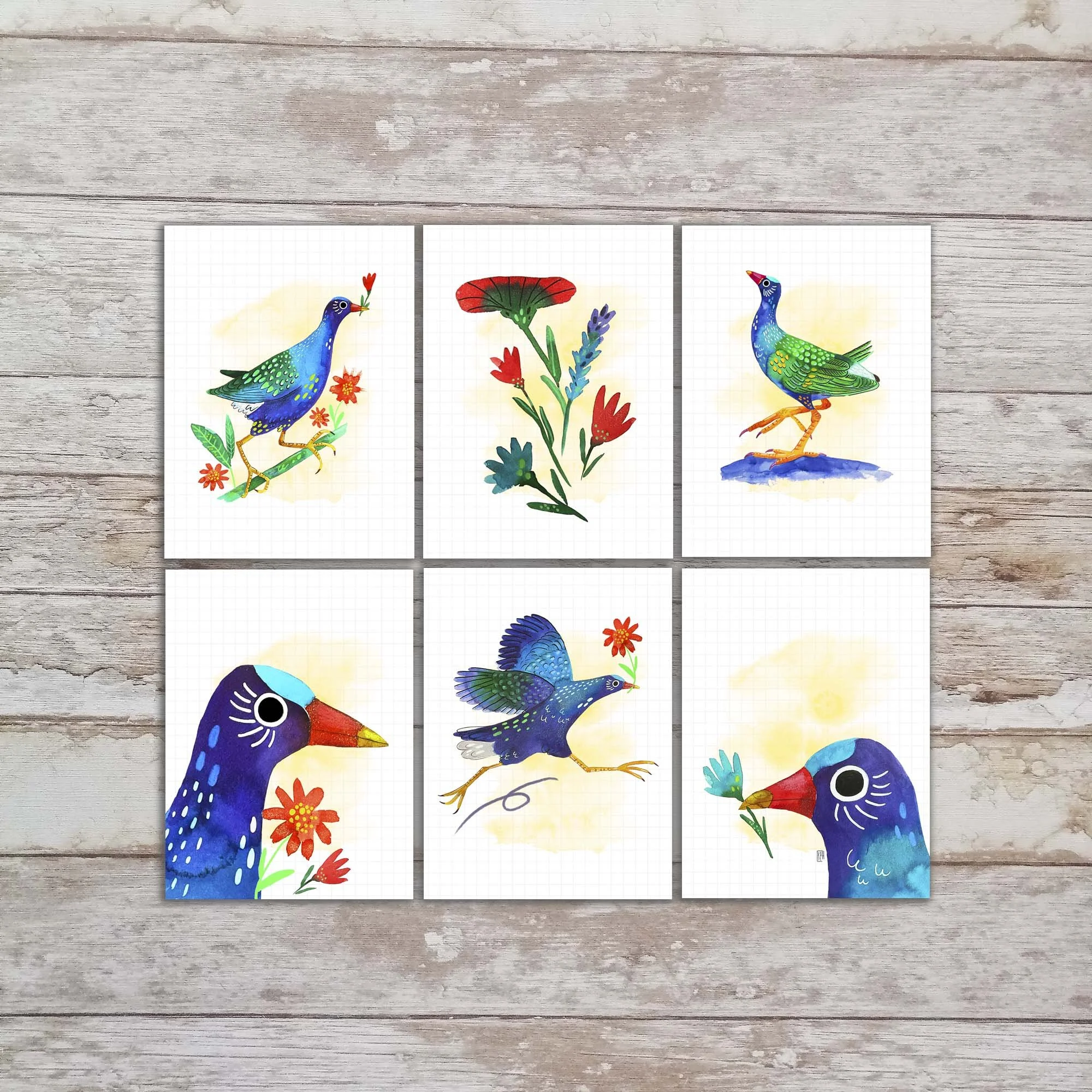 Tipin Art Card Set of 6, Purple Gallinule Bird 3x4 Card Prints For Journalinging, Journaling Mini Art Cards, Bird Art Tipins. TI-114