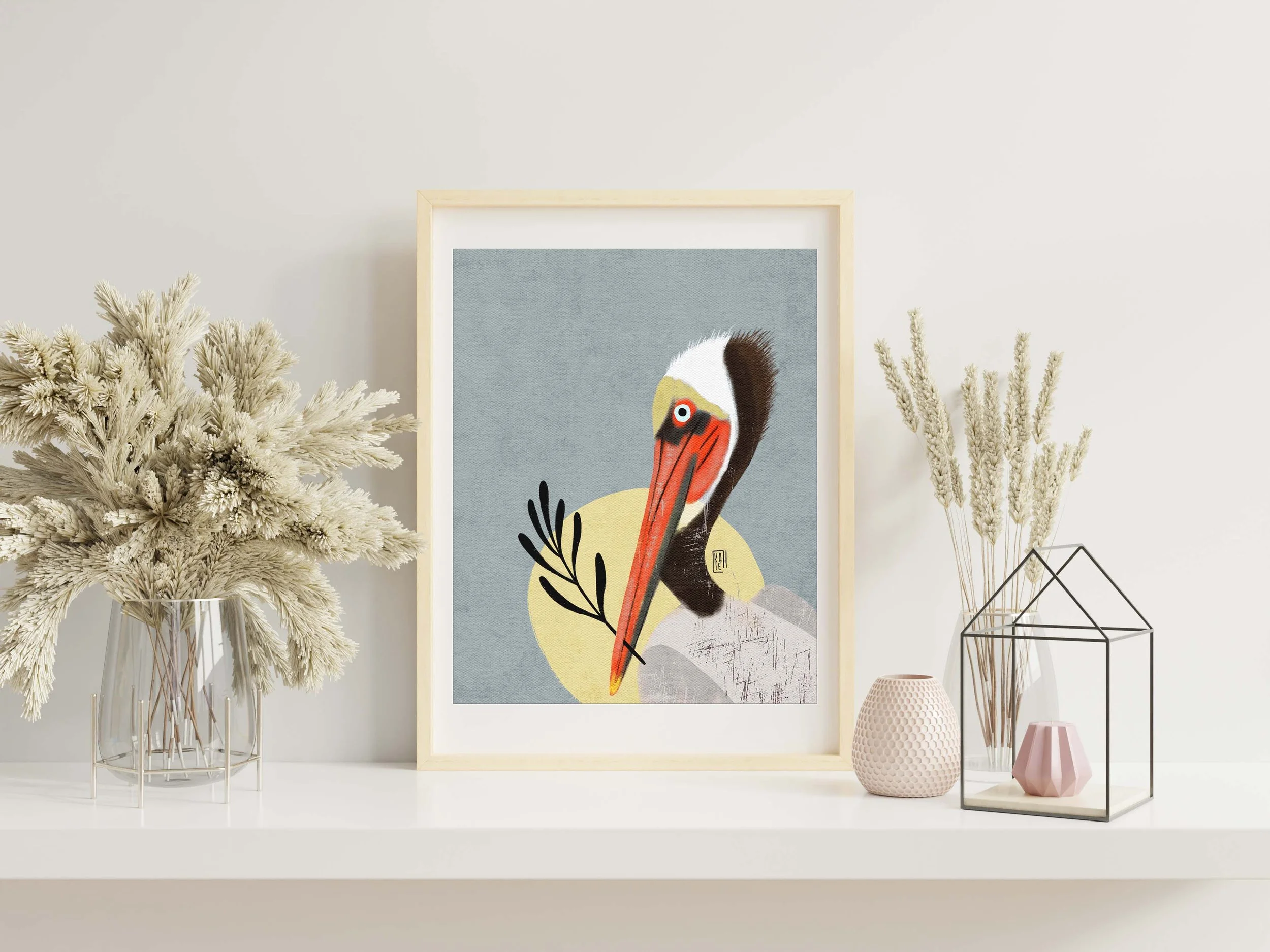 Brown Pelican Art Print, Cute Blue Bird Art Print, Colorful Bird Art Print, Pelican Illustration Print, Pelican Art Wall Decor. AP-120