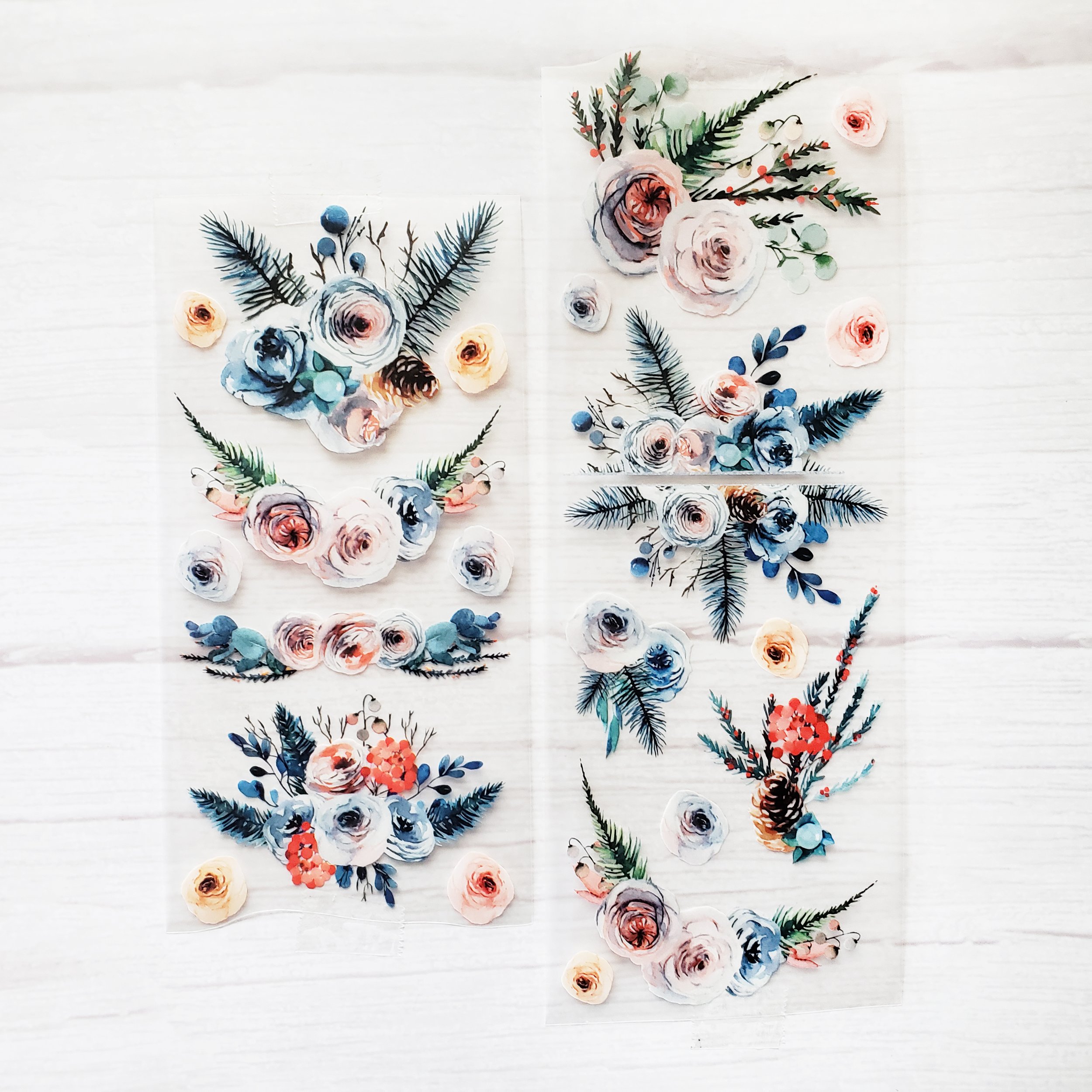 Watercolor Winter Florals PET Tape 1m, Tiny Clear Flower Stickers, Pine Floral Scrapbooking Stickers, Winter Forest Flower Bujo Stickers