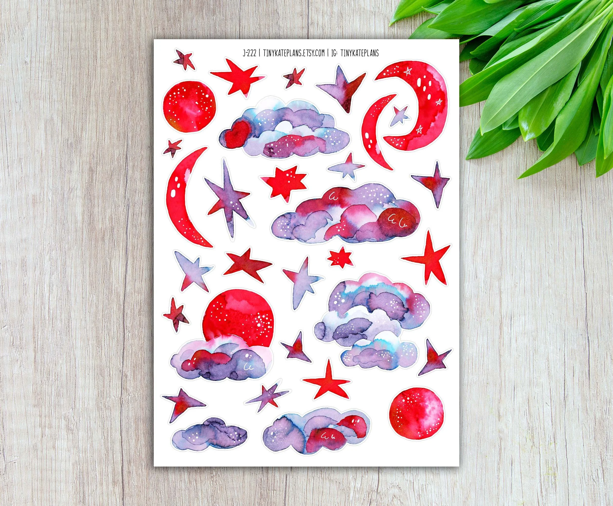 Pink Moon & Blue Cloud Planner Stickers, Summer Element Stickers, Bold Summer Planner Stickers, Summer Bujo Stickers. J-222