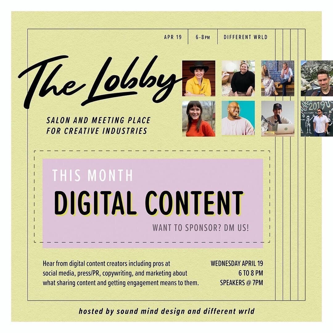 Your mid-week just got more fun. ⚡Come out to @differentwrld tomorrow (Wednesday) night from 6-8 p.m. for The Lobby, a salon and meeting place for creative industries hosted by Different Wrld, @garnetfisher, and @soundmindcreative. I'll be presenting