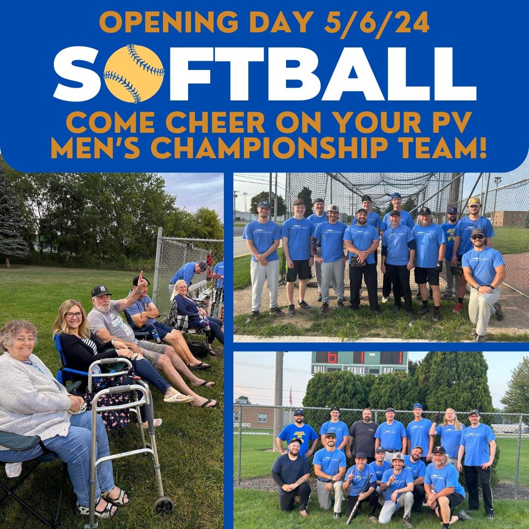 It's SOFTBALL SEASON! We are one week away from OPENING DAY! Come and cheer on your '23 CHAMPIONS - the PV Men's Softball Team for Opening Day - Next Monday, May 6th at 8pm at Centennial Park in Grafton! We would love to see you all there and hear yo