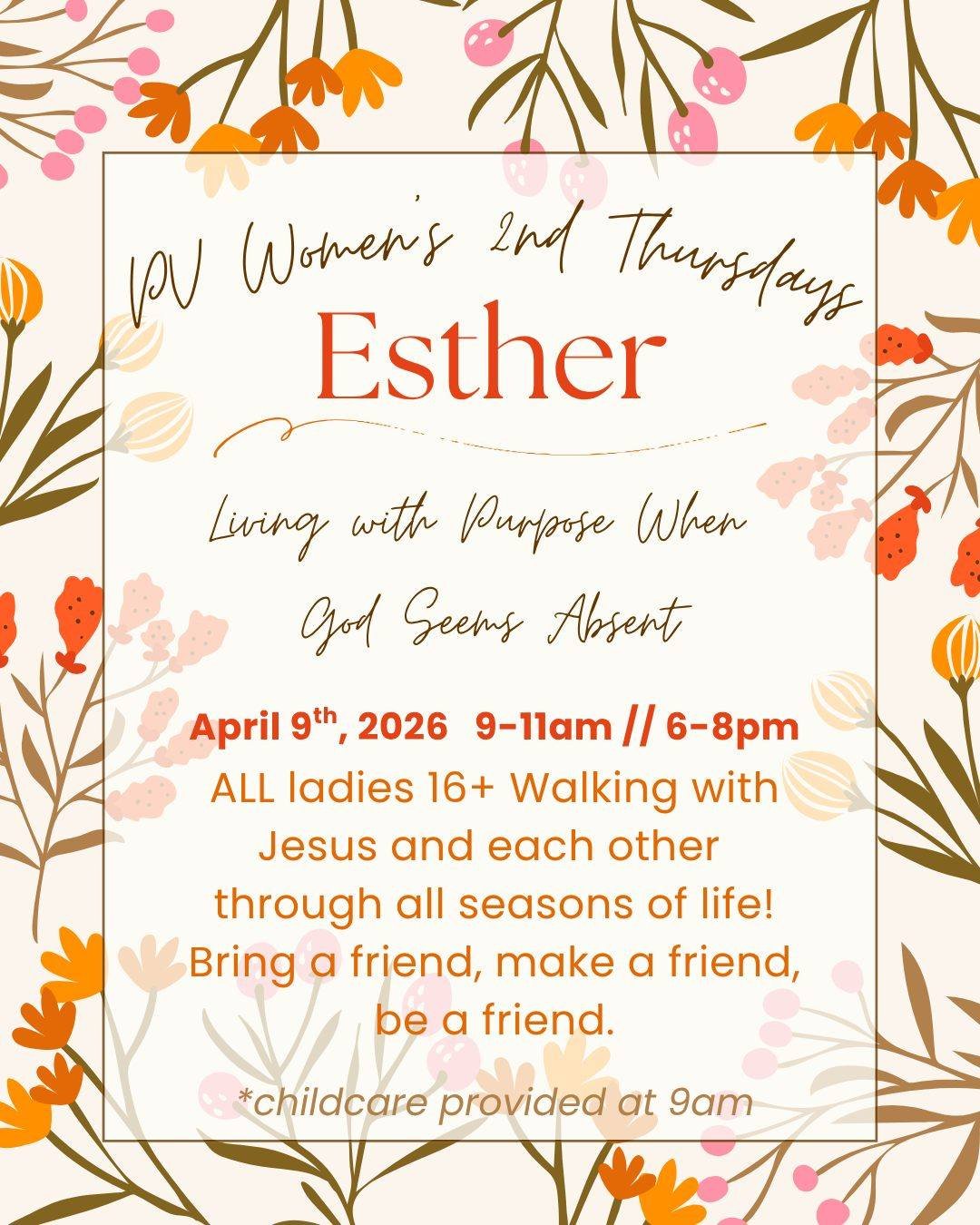 Ladies - this one's for you! You're invited! ➡This Thursday, April 9th! All ladies are welcome!

Choose your session: 9am-11am or 6pm-8pm

//////////////////////////////////////

Join us every 2nd Thursday!

PV Women's 2nd Thursdays is a multi-genera