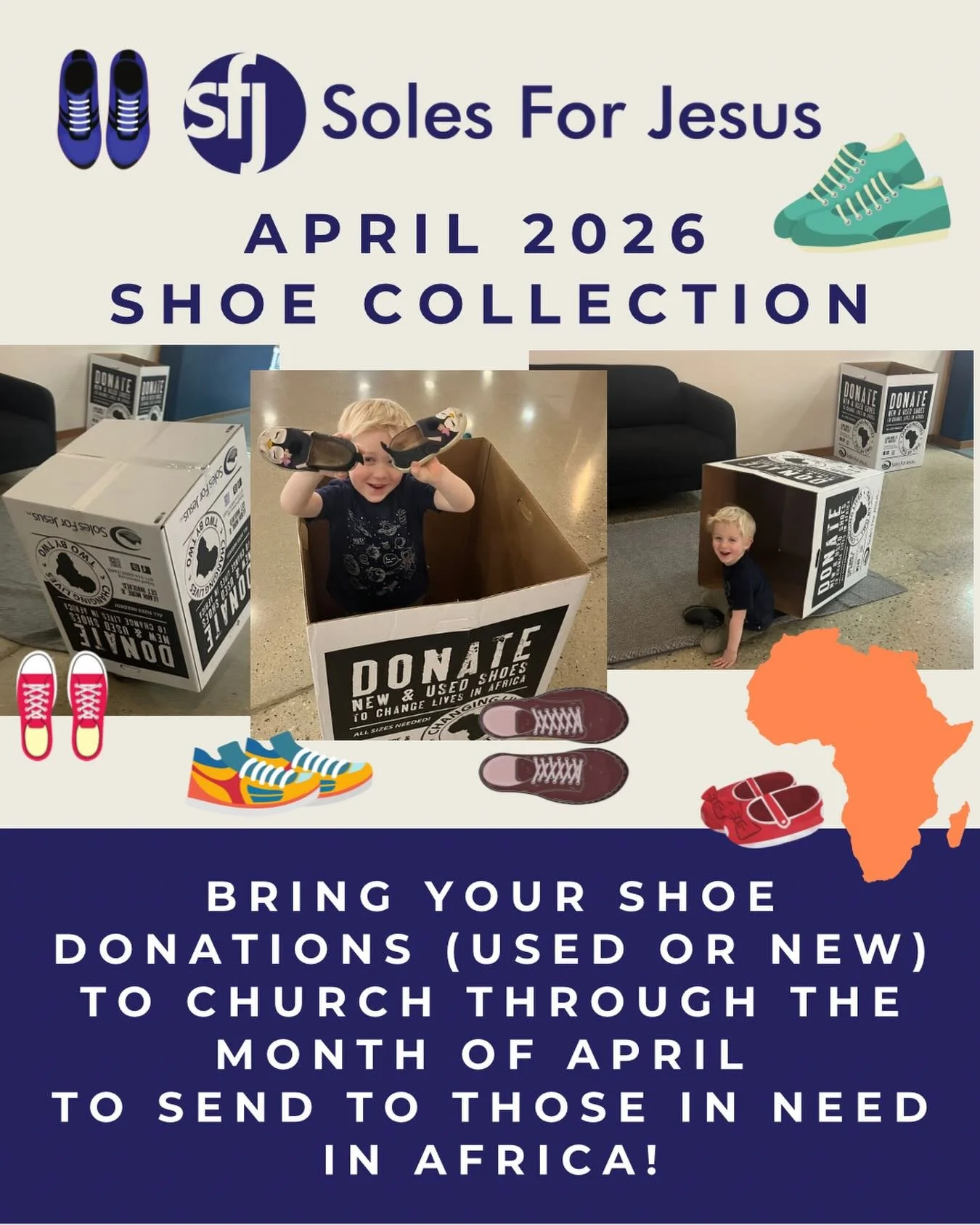 👟 Shoe Drive All April! 👟 

We&rsquo;re collecting new and gently used shoes all month long to bless those in need! 💛 

If you&rsquo;ve got shoes you no longer wear, don&rsquo;t toss them&mdash;donate them! Every pair can make a difference and hel