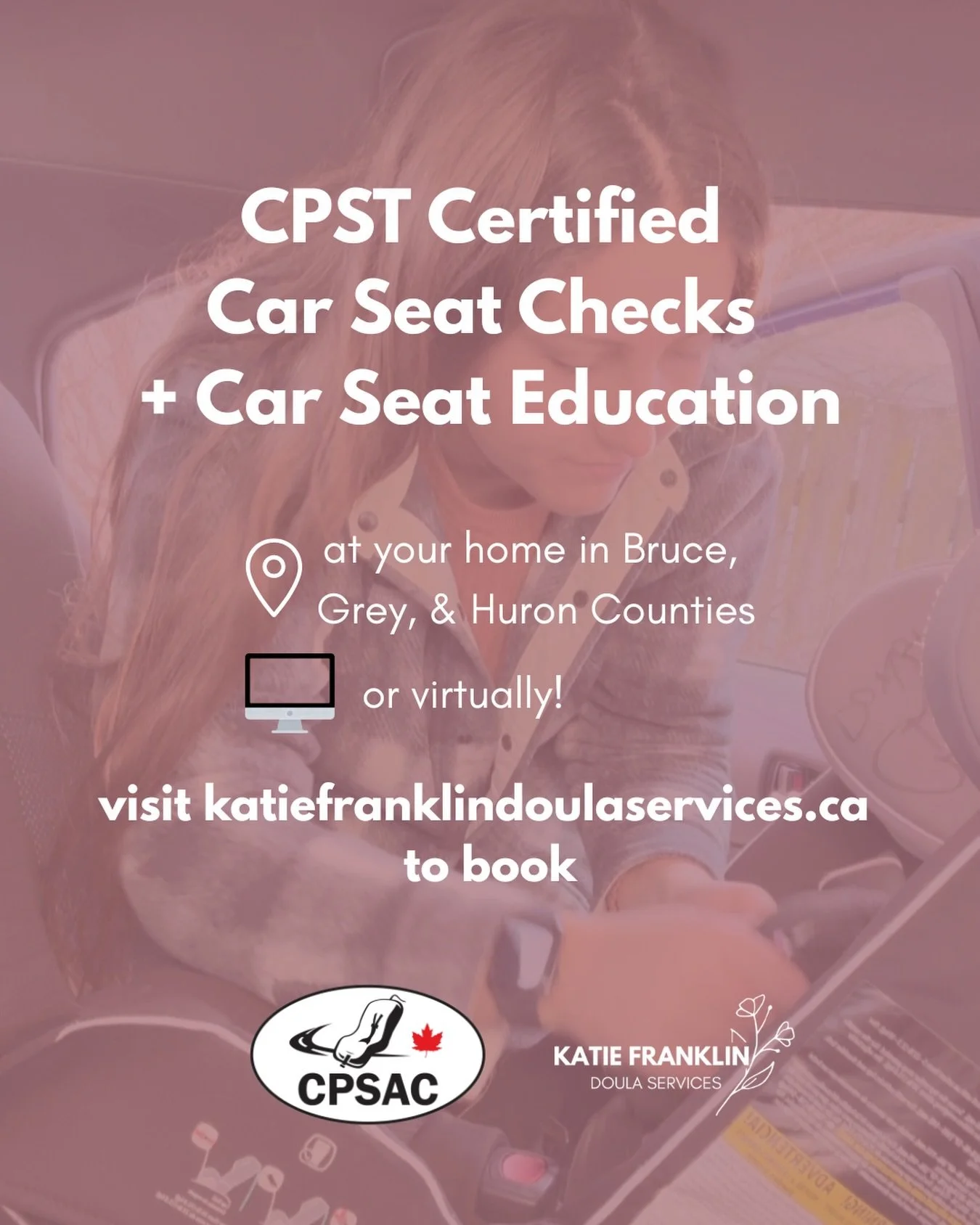 Follow @katiefranklindoulaservices 

Book a private car seat check or a virtual car seat education session with me! 

Car seat checks are available to families within Bruce, Grey &amp; Huron counties.

Virtual car seat education sessions are availabl