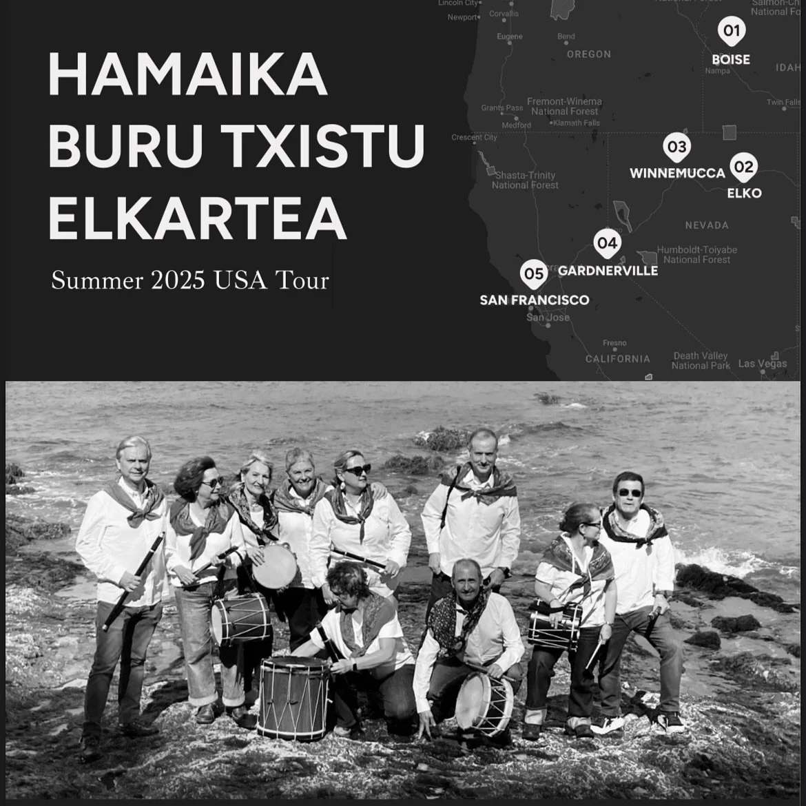 Missed Jaialdi? Don&rsquo;t worry, Basque music is coming to Elko!
Join us Monday (Aug 4) at 6PM for a special performance by Hamaika Buru Txistu Elkartea, bringing the vibrant sounds of the Basque Country right to our doorstep.
This is a rare cultur