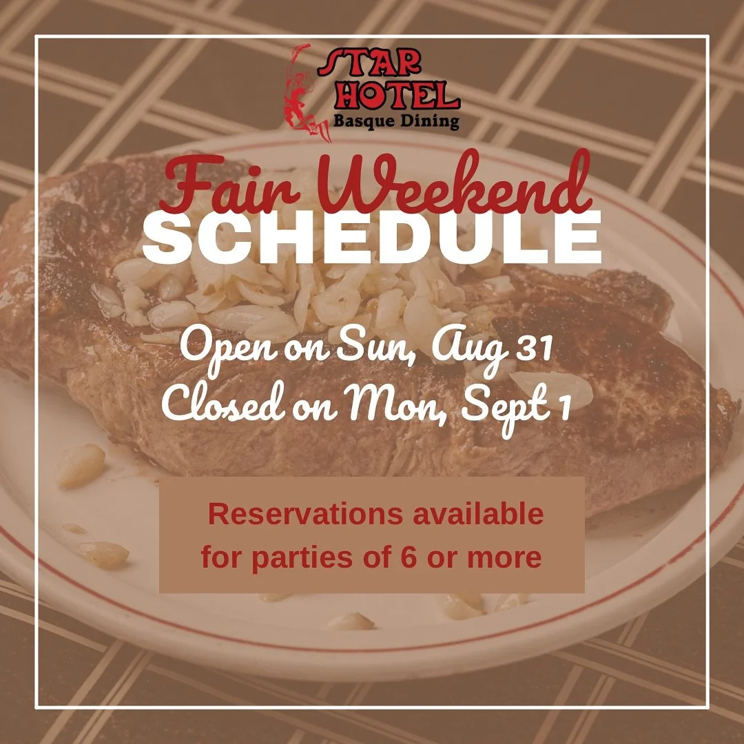 🎡🎟️ Fair Weekend is just around the corner! 
Reminder that we&rsquo;ll be OPEN on Sunday, Aug 31st and CLOSED Monday, Sept 1st.

Now&rsquo;s the perfect time to reserve a table for large groups! Call us today at 775-738-9925 to save your spot!