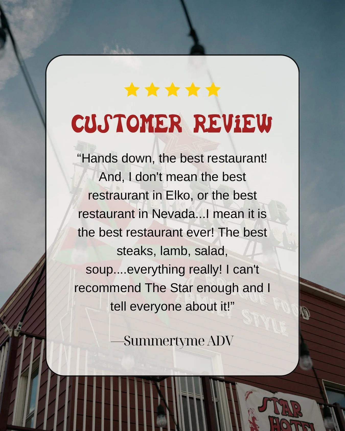 This one sure put a smile on our faces 🤠
We can’t thank you enough for the kind words. Your reviews not only make our day — they help folks far and wide find their way to The Star. Here’s to 100+ years of good food and great compan