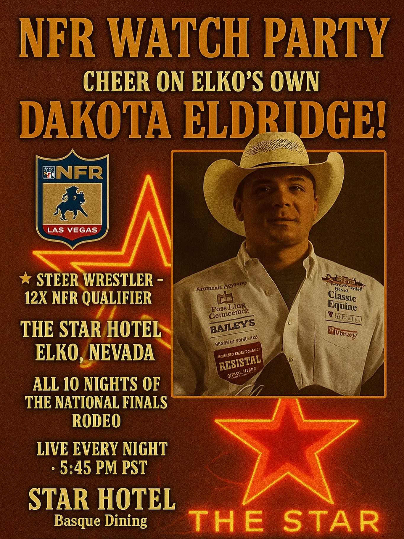 Let&rsquo;s show up for our hometown cowboy! 🤠 Join us every night of the NFR to cheer on Elko&rsquo;s own Dakota Eldridge during the National Finals Rodeo! The watch party goes live nightly at 5:45 PM with all the action on screen, cold drinks flow