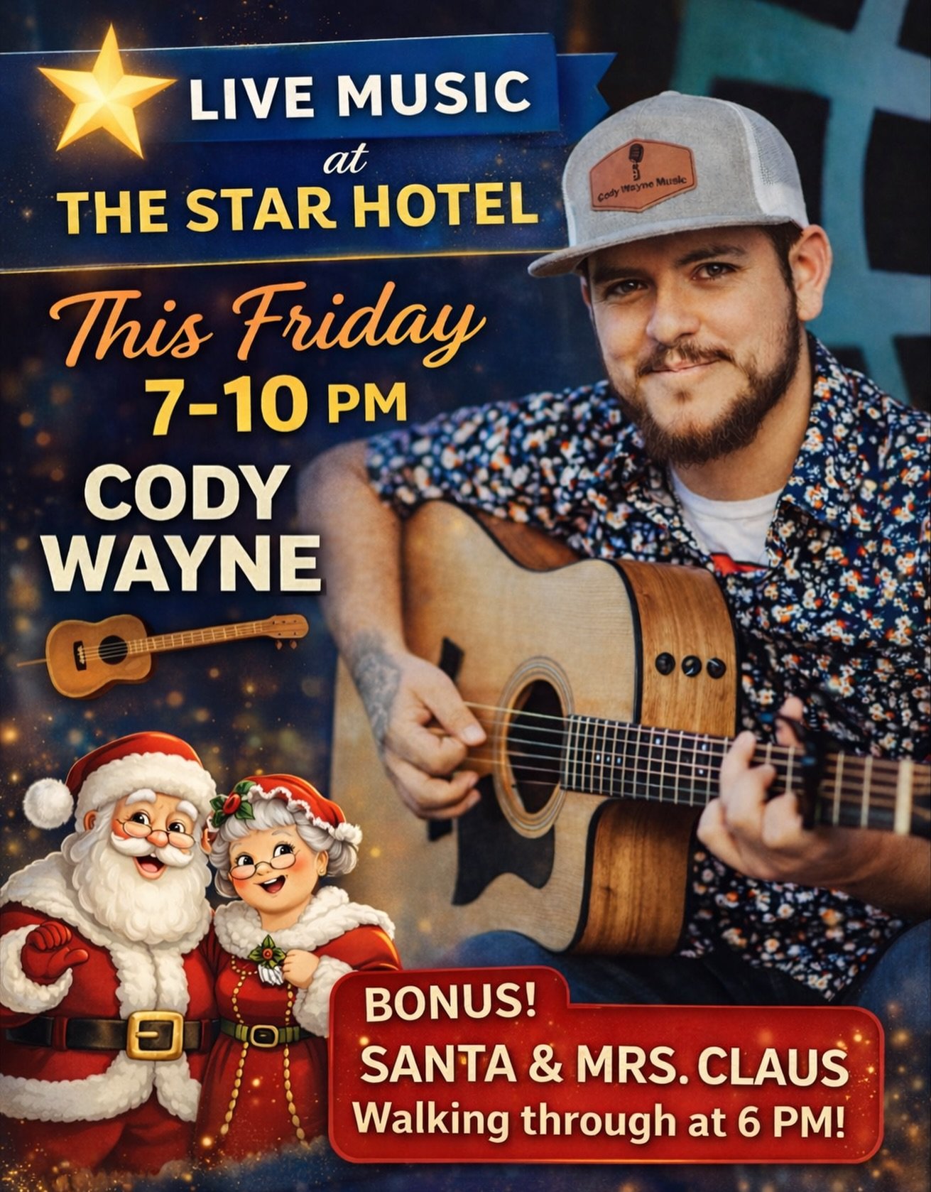 Join us this Friday night from 7&ndash;10 PM for live music with Cody Wayne 🎸 

🎅🏼 Santa &amp; Mrs. Claus will be walking through at 6 PM, so come early for some festive cheer before the music starts.

Bring the family, grab dinner or a drink, and