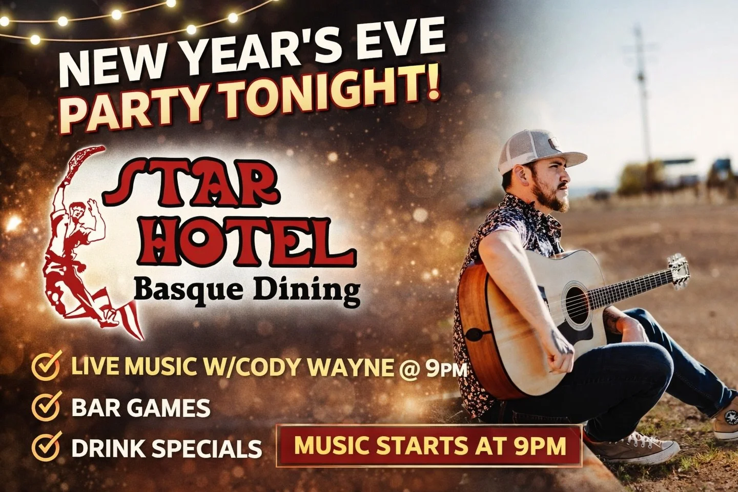 We&rsquo;re looking forward to ringing in 2026 with you TONIGHT! 🎊 🎉 
✨ Live music with Cody Wayne starting at 9PM
🍹 Drink specials
🎯 Bar games
Grab your friends and celebrate with us! 🥂