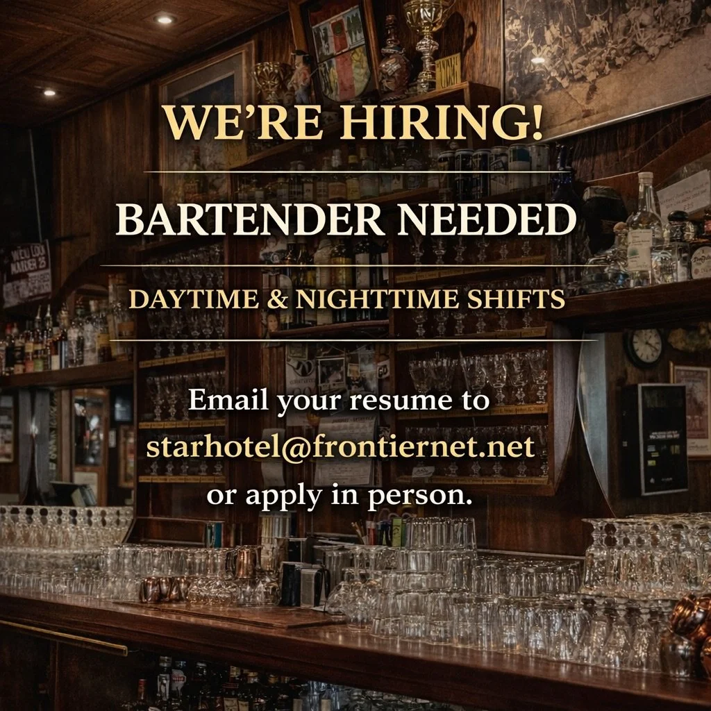 We&rsquo;re looking to add a bartender to our Star family!🍹🤩 If you&rsquo;re interested please send your resume to starhotel@frontiernet.net or fill out an application in person with us.