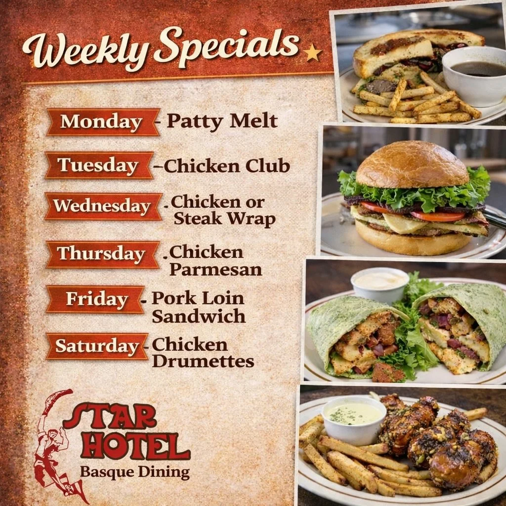 A little something different every day. ⭐️ 

Join us for our weekly specials, served Monday through Saturday here at The Star.

Which one are you trying first? 🤔 

#weeklyspecials #elkoeats #elkostarhotel