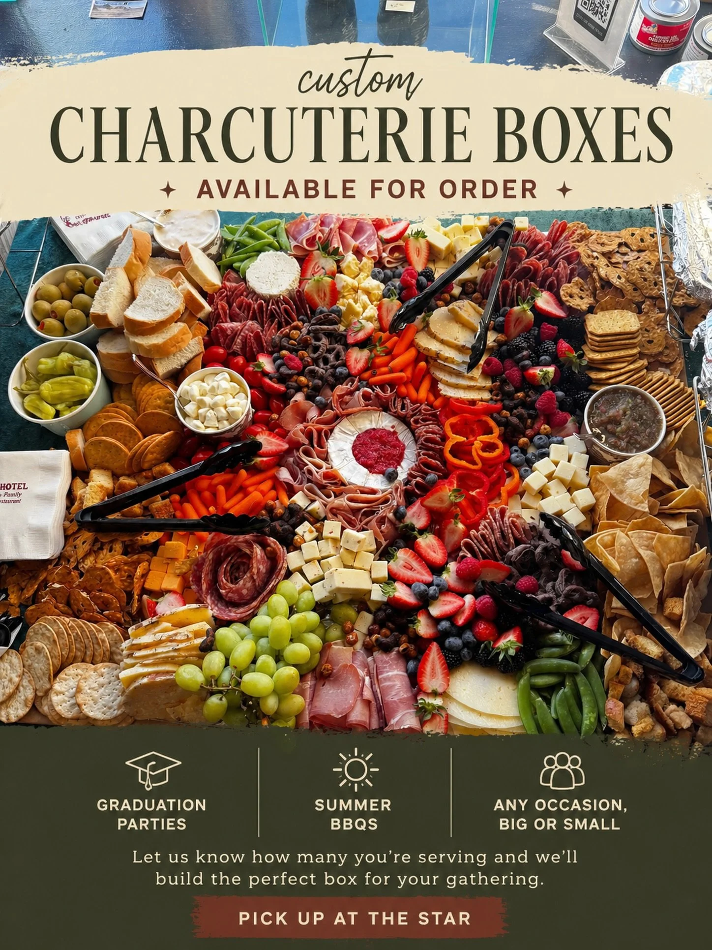 A good gathering starts with a full table.

Our curated charcuterie boards are built fresh and made to share&mdash;perfect for graduation parties, summer BBQs, and everything in between.

Big group or small, we&rsquo;ll size it just right. Just let u