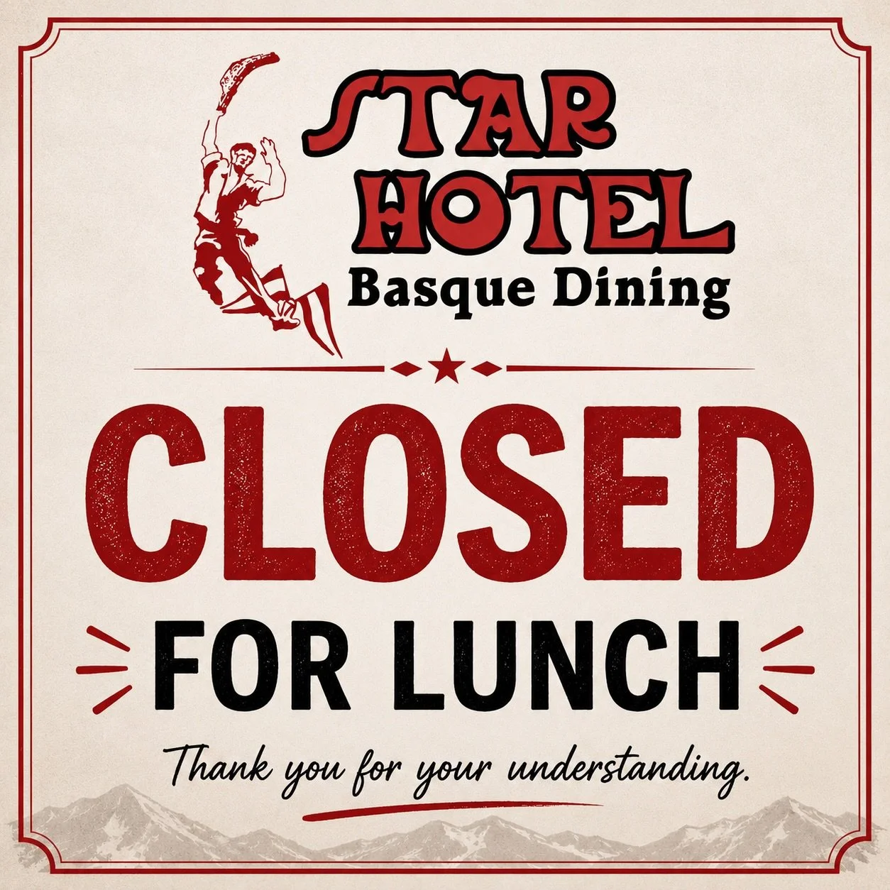 Due to a hot water heater outage we will be closed today for lunch. We are hoping to resolve this before dinner tonight. Thank you for your understanding!