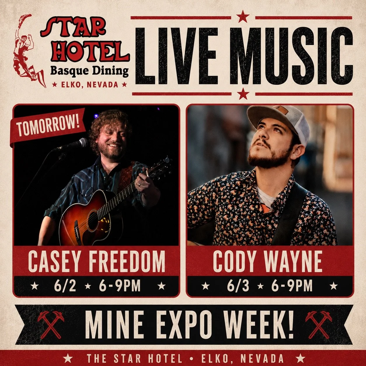 Mine Expo Week is here, and we&rsquo;ve got live music lined up to keep the good times rolling. 🎶 ⭐️ 

Casey Freedom &mdash; Tuesday, June 2 | 6&ndash;9 PM
Cody Wayne &mdash; Wednesday, June 3 | 6&ndash;9 PM

Whether you&rsquo;re in town for the exp