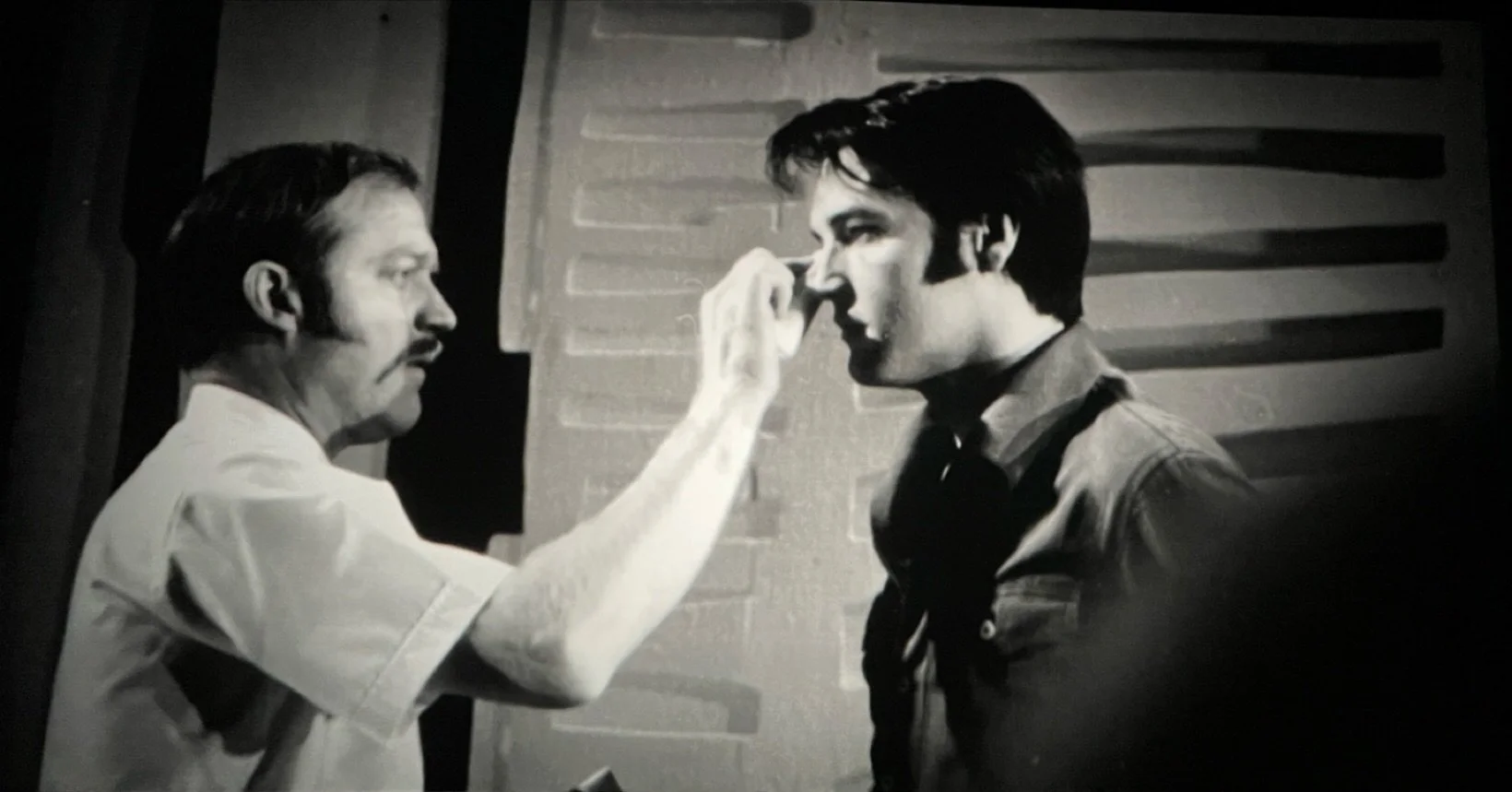 Elvis getting a touch up during filming of the 1968 TV Special &lsquo;Elvis&rsquo;, commonly known as the Comeback Special.