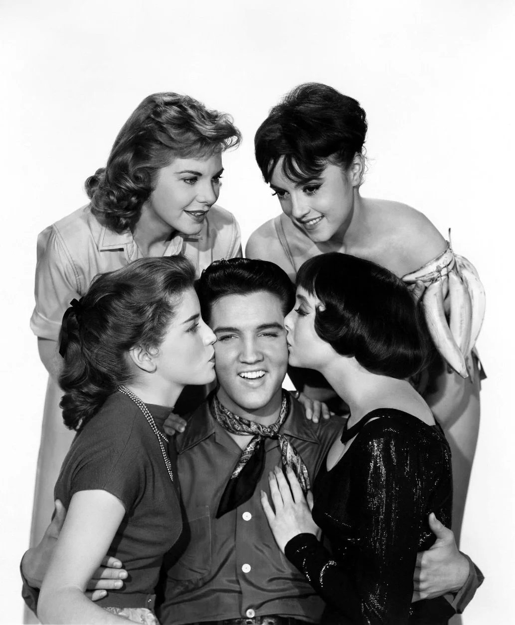In January 20, 1958 production started on Elvis￼&rsquo; fourth film King Creole.

Elvis with Dolores Hart, Carolyn Jones, Jan Sheppard and Liliane Montevecchi.