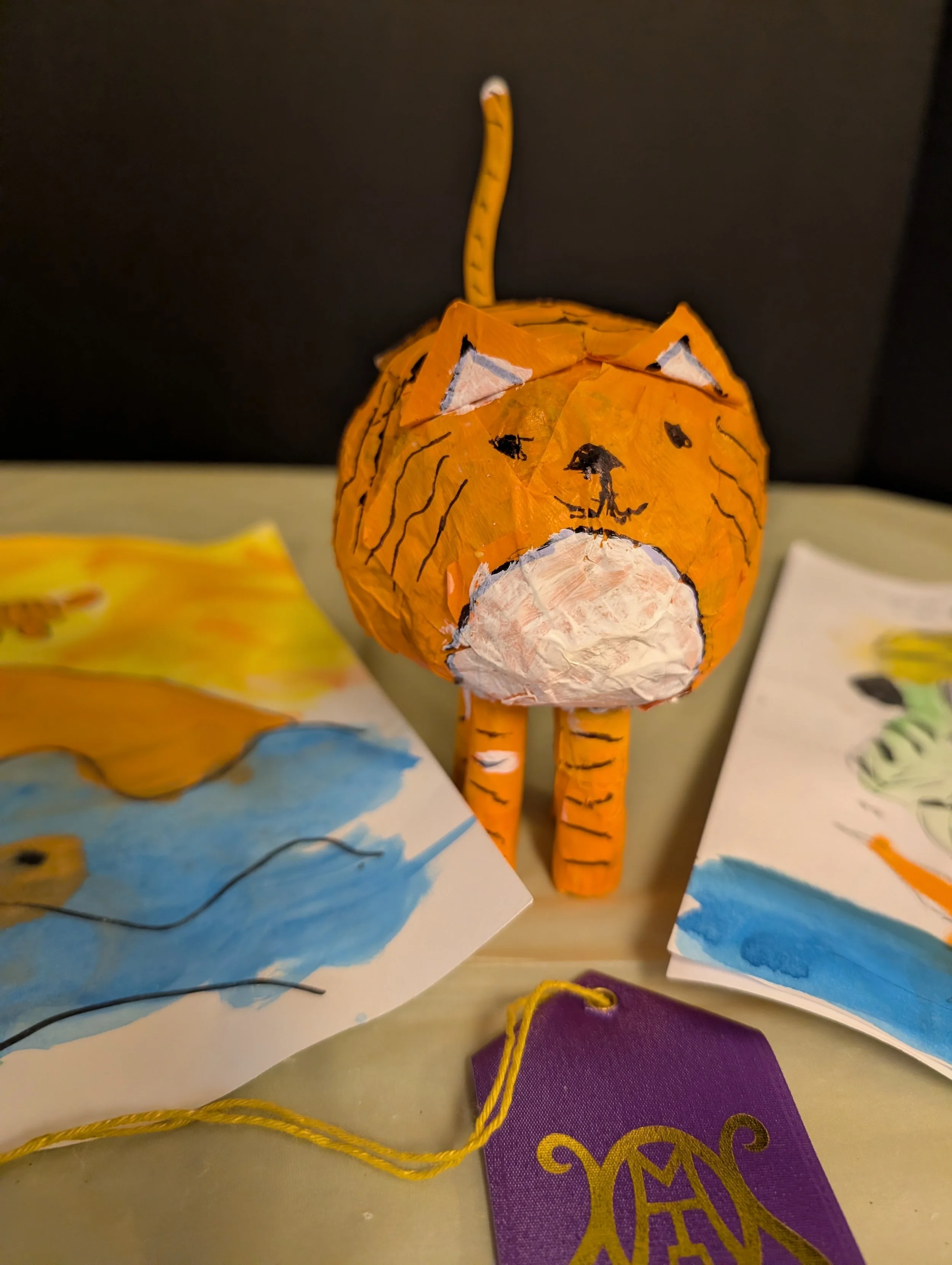Papier Mache orange cat with watercolors